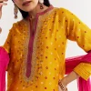 Yellow Bandhani Kurta Set With Pink Dupatta