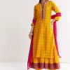 Yellow Bandhani Kurta Set With Pink Dupatta