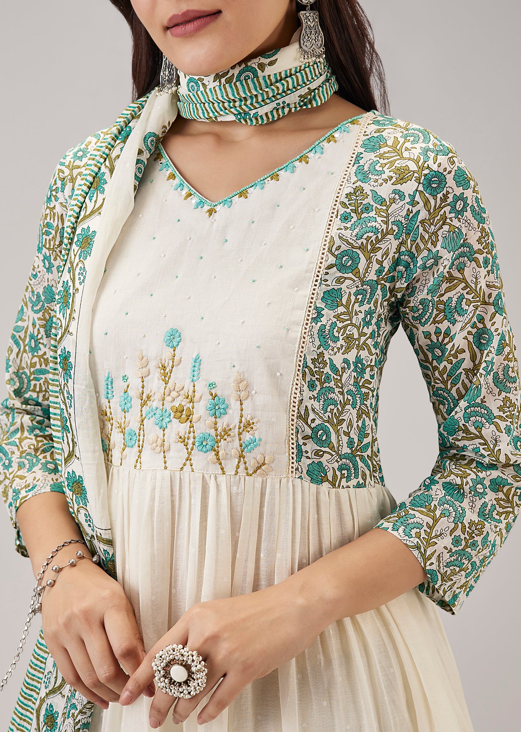 White Printed Anarkali With Beaded Handwork