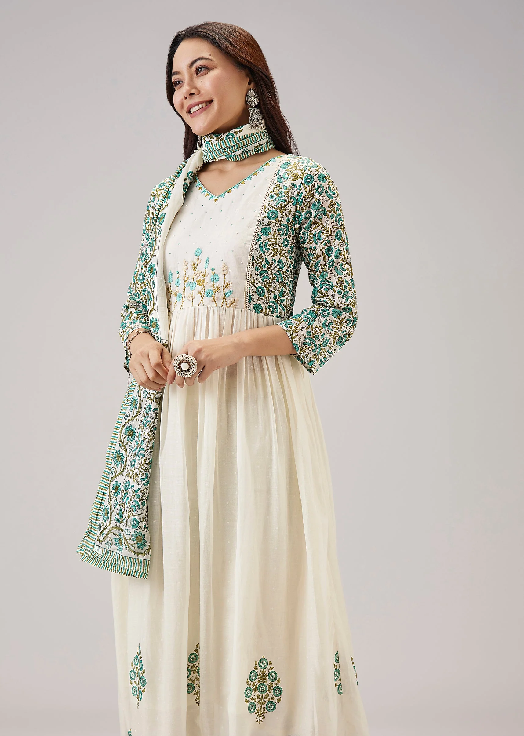White Printed Anarkali With Beaded Handwork