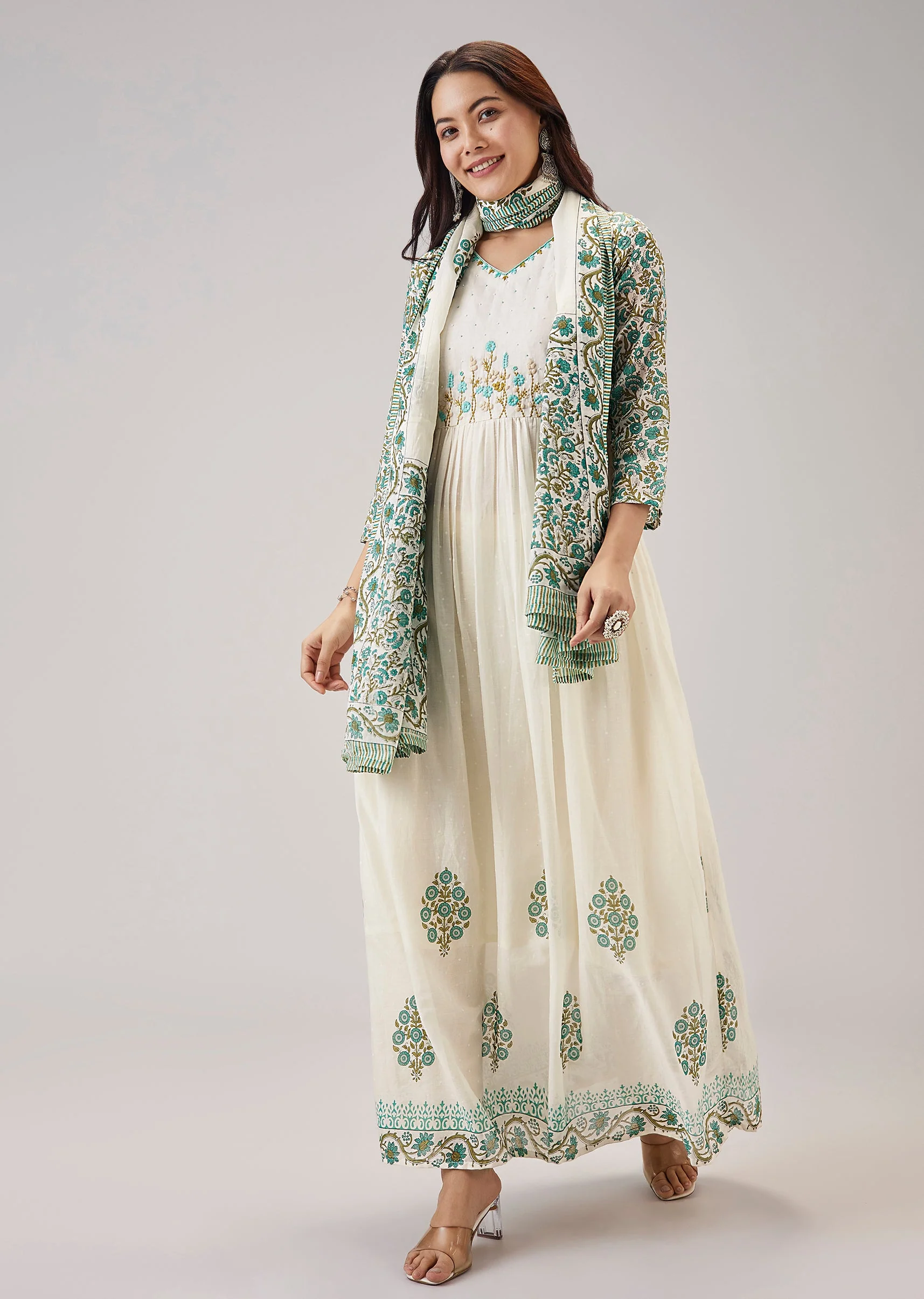 White Printed Anarkali With Beaded Handwork