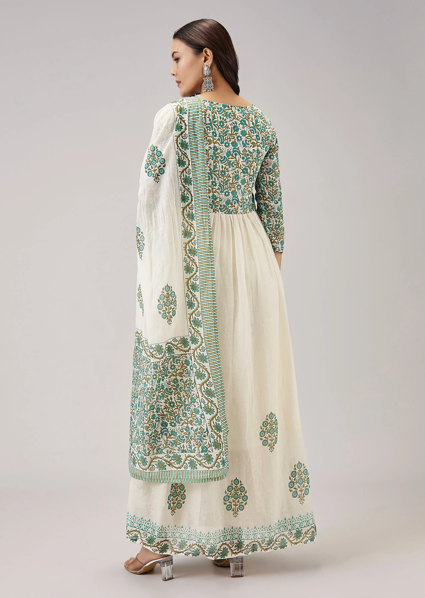 White Printed Anarkali With Beaded Handwork