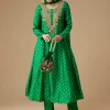 Green Silk Butti Work Anarkali Set