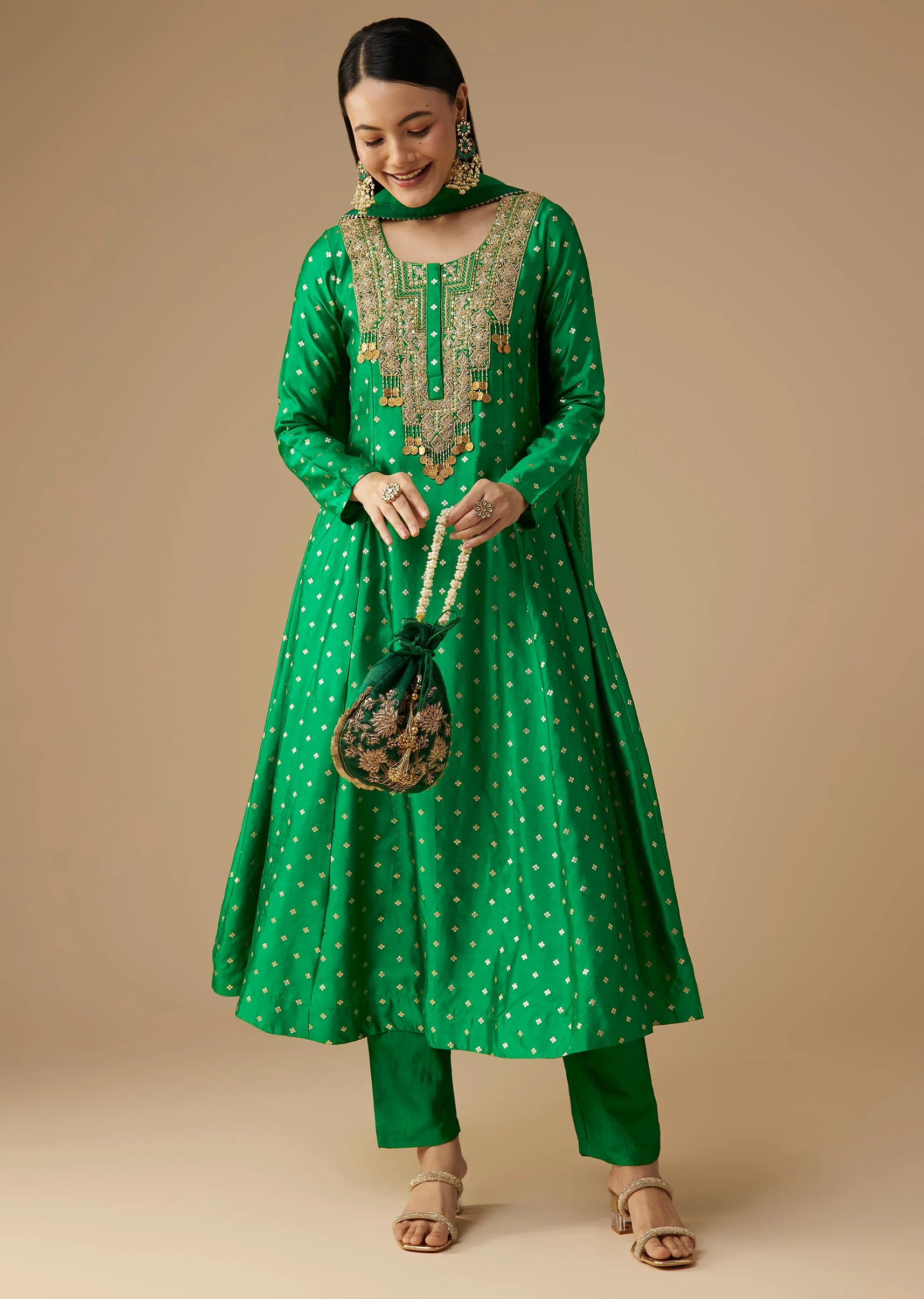 Green Silk Butti Work Anarkali Set