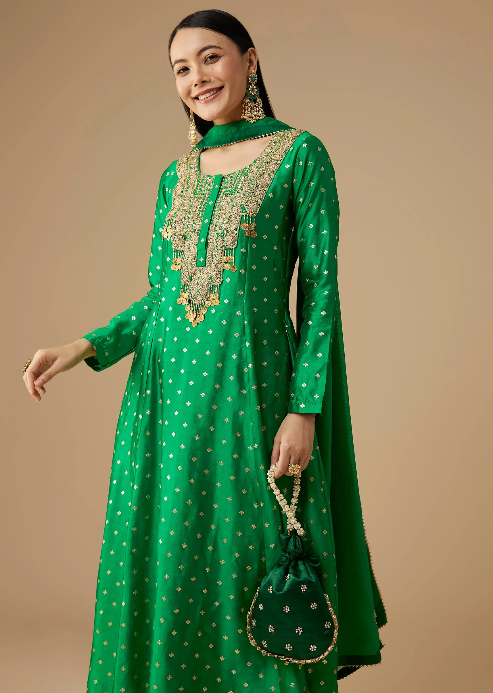 Green Silk Butti Work Anarkali Set