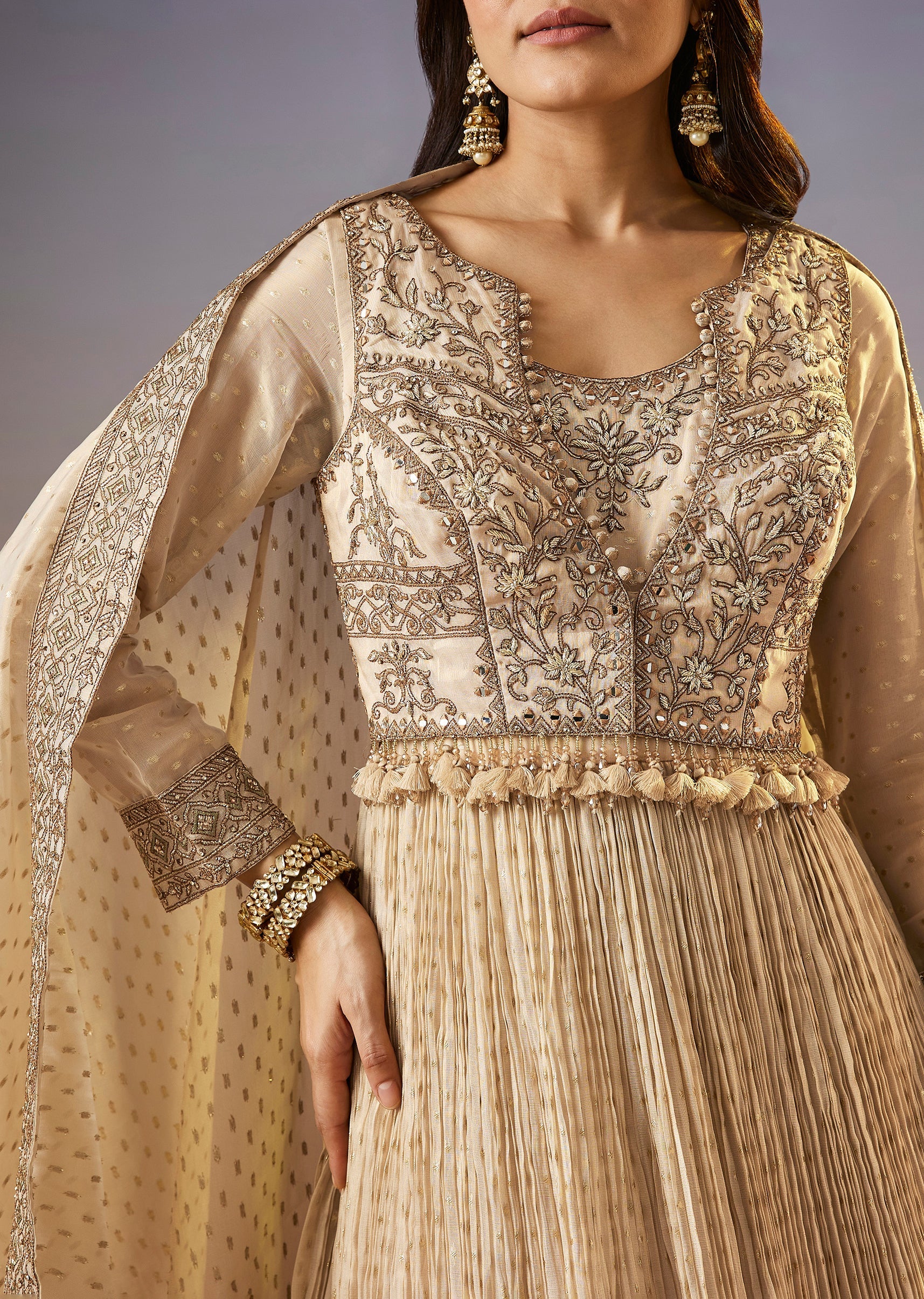 Cream Zardosi Jacket Anarkali Set With Dupatta