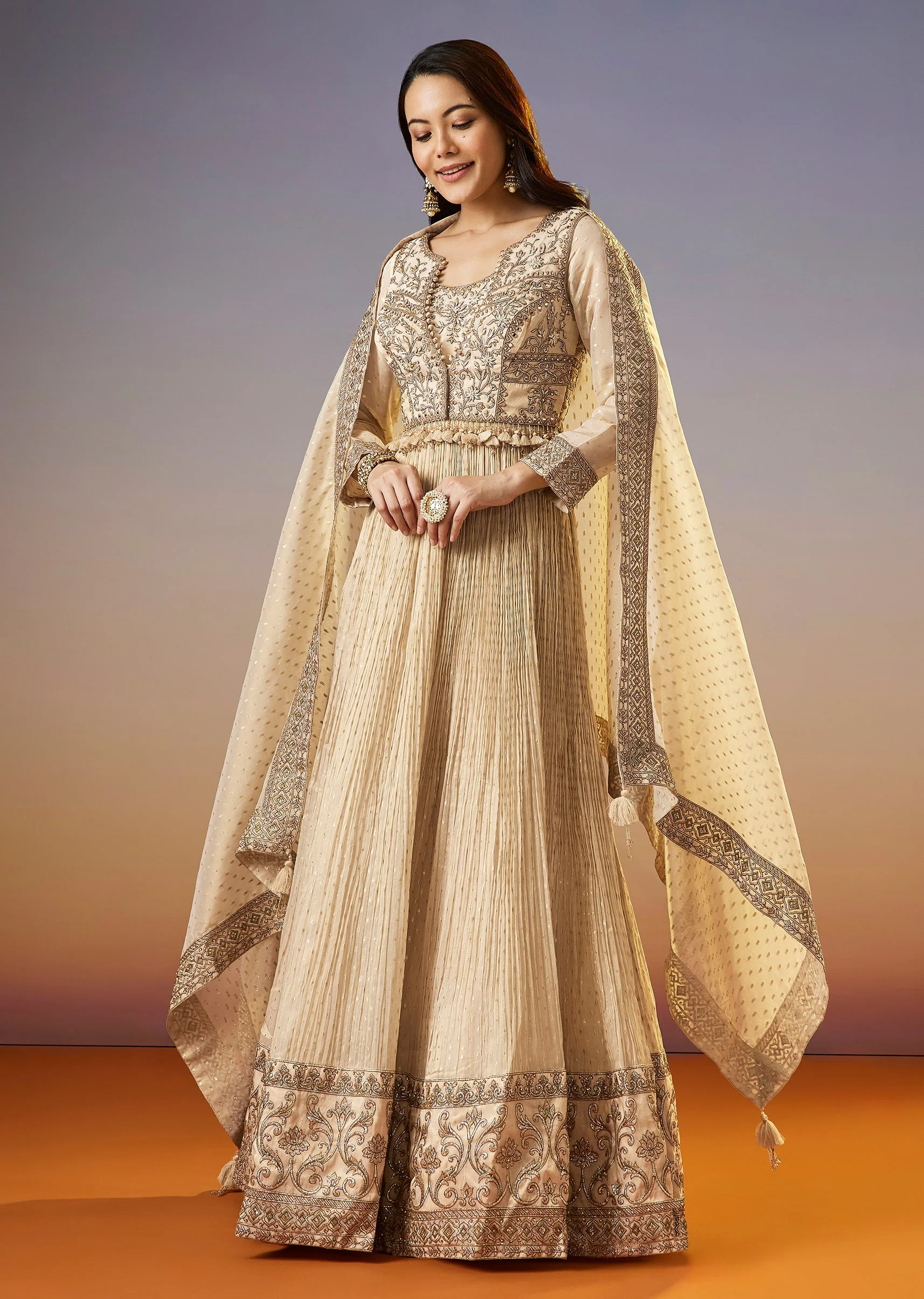 Cream Zardosi Jacket Anarkali Set With Dupatta