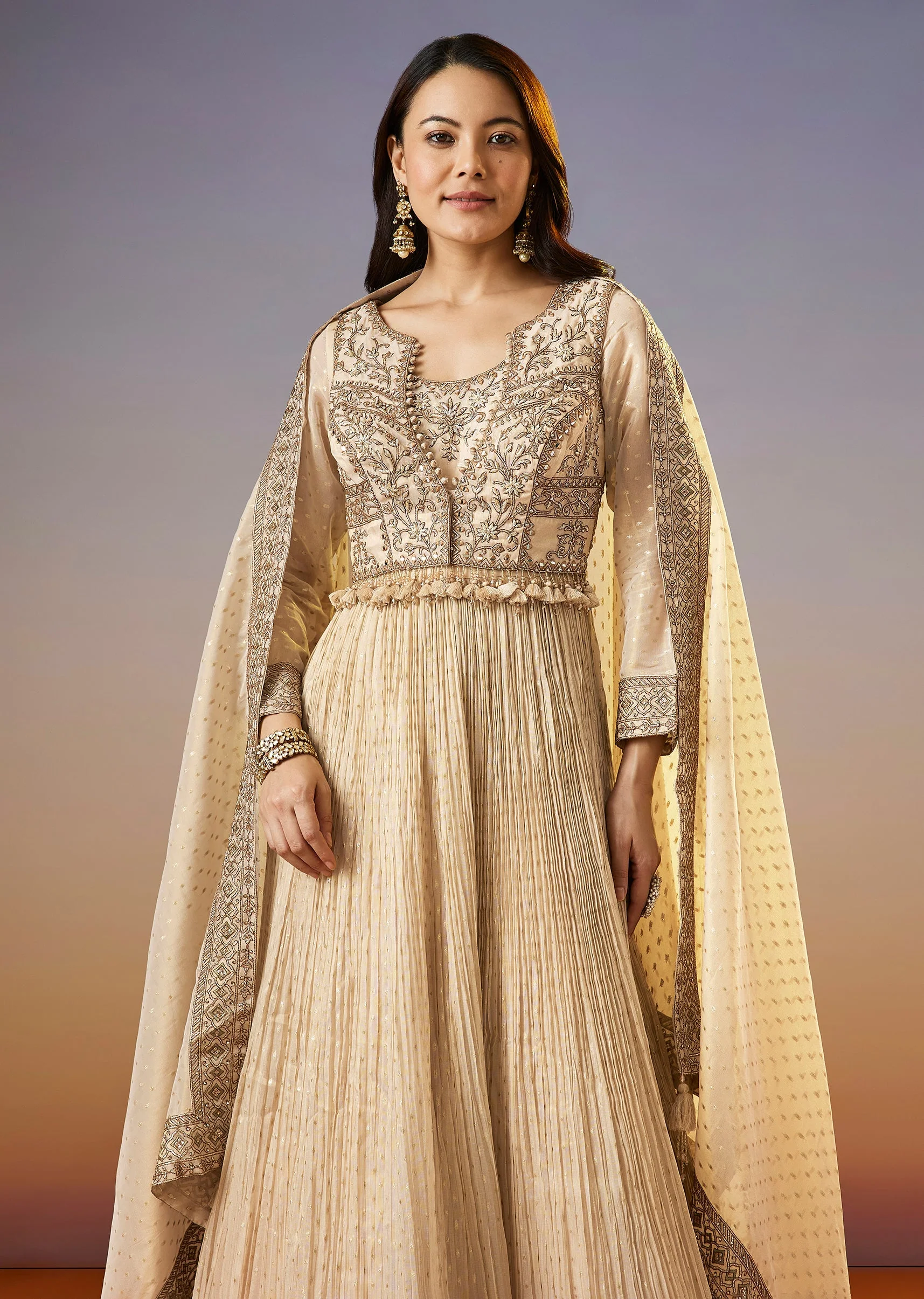 Cream Zardosi Jacket Anarkali Set With Dupatta