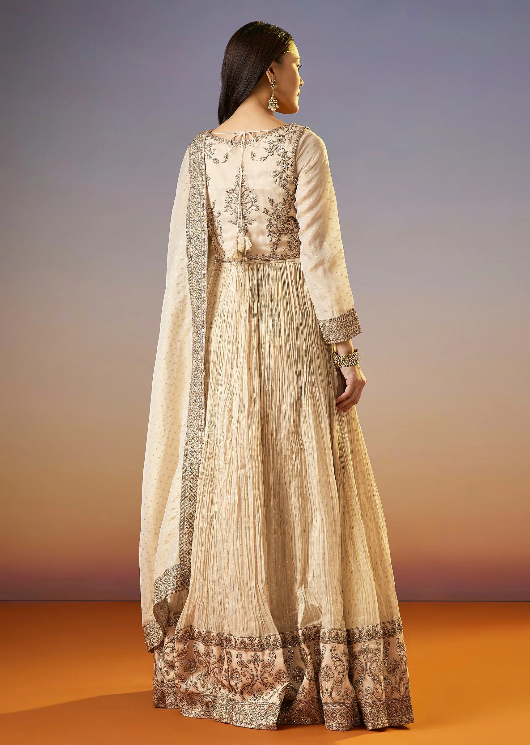 Cream Zardosi Jacket Anarkali Set With Dupatta