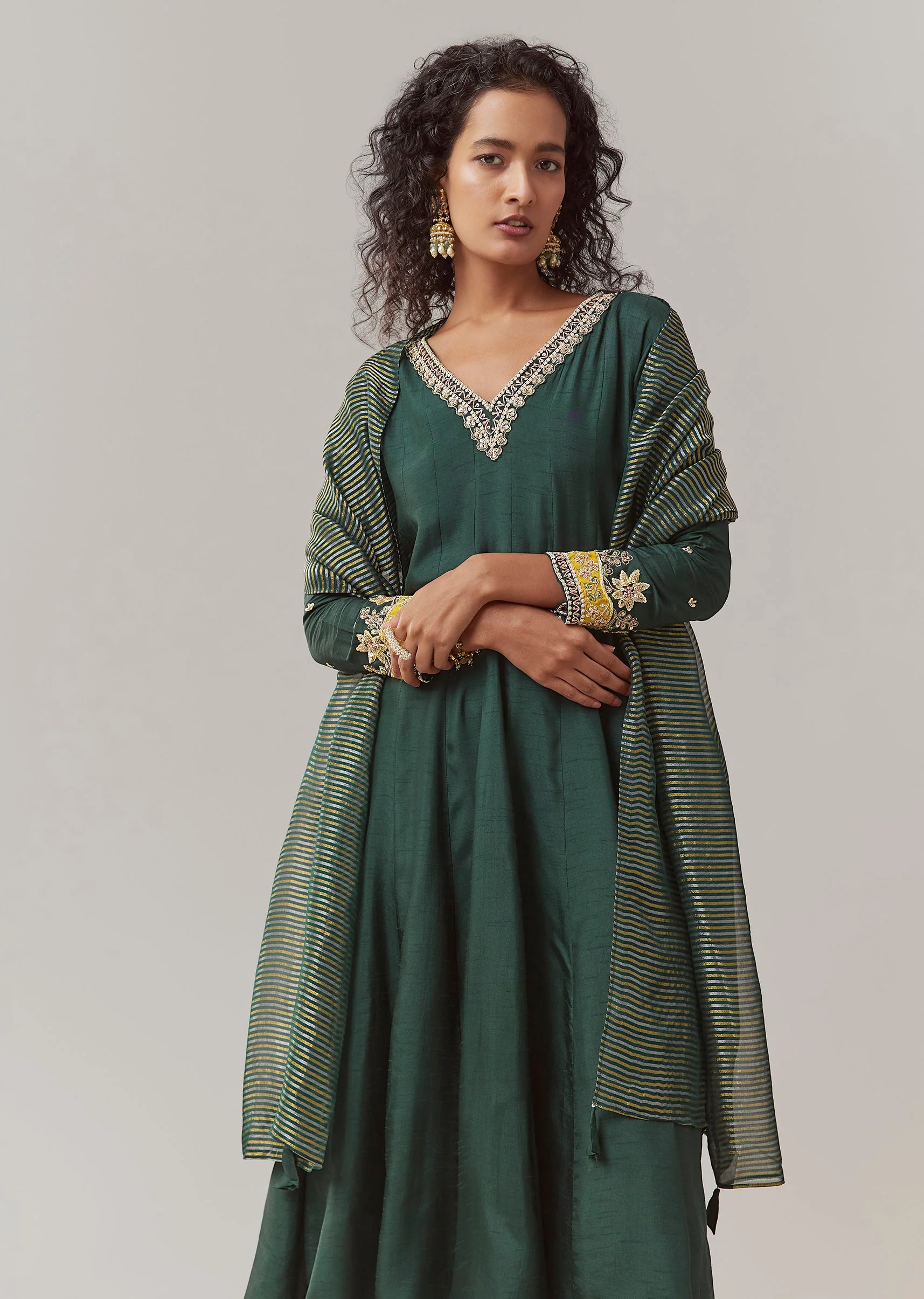 17907-green-sequin-embellished-silk-anarkali-set-1.webp Green Sequin Embellished Silk Anarkali Set