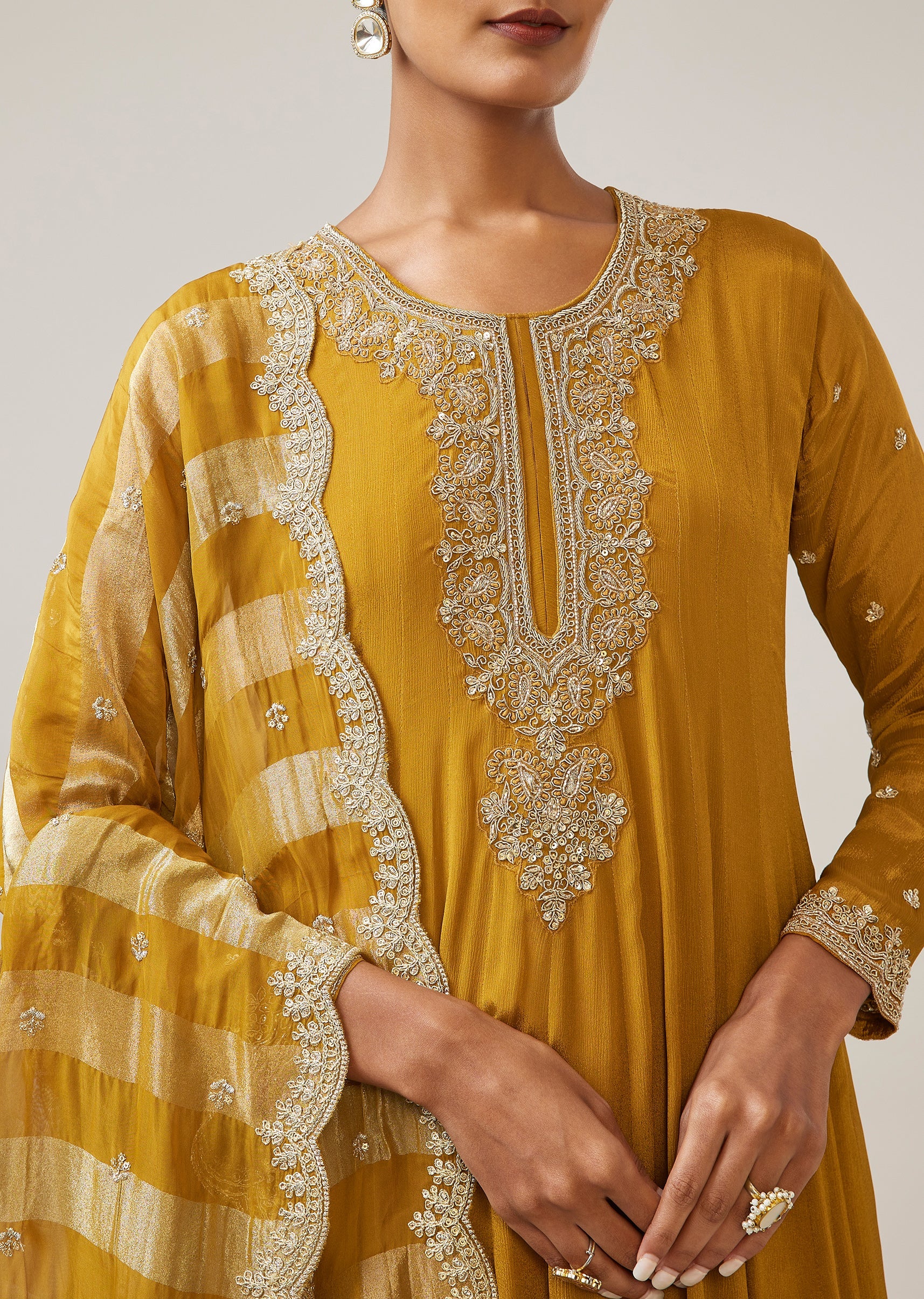 Mustard Yellow Zardozi Chinon Anarkali