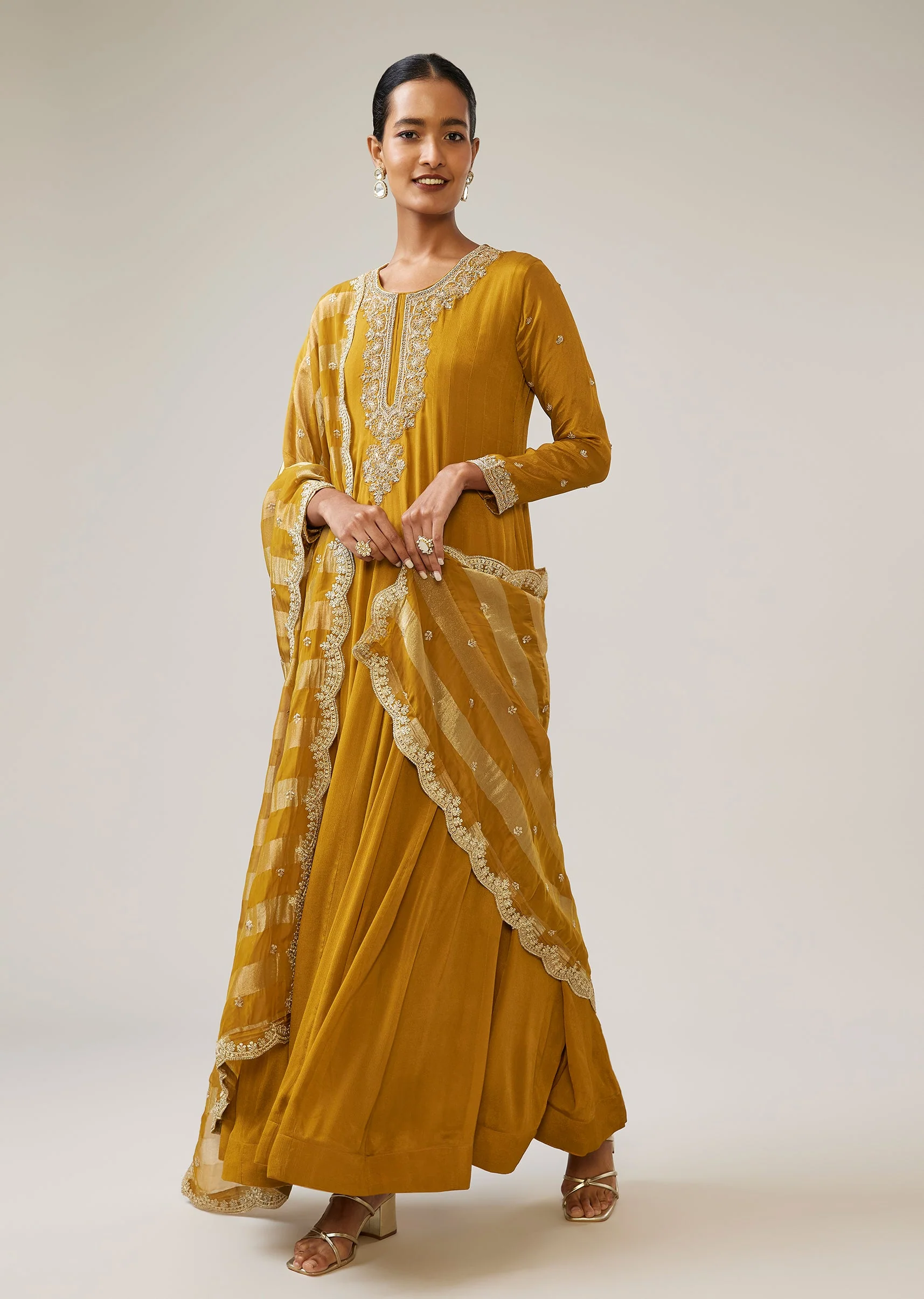 Mustard Yellow Zardozi Chinon Anarkali