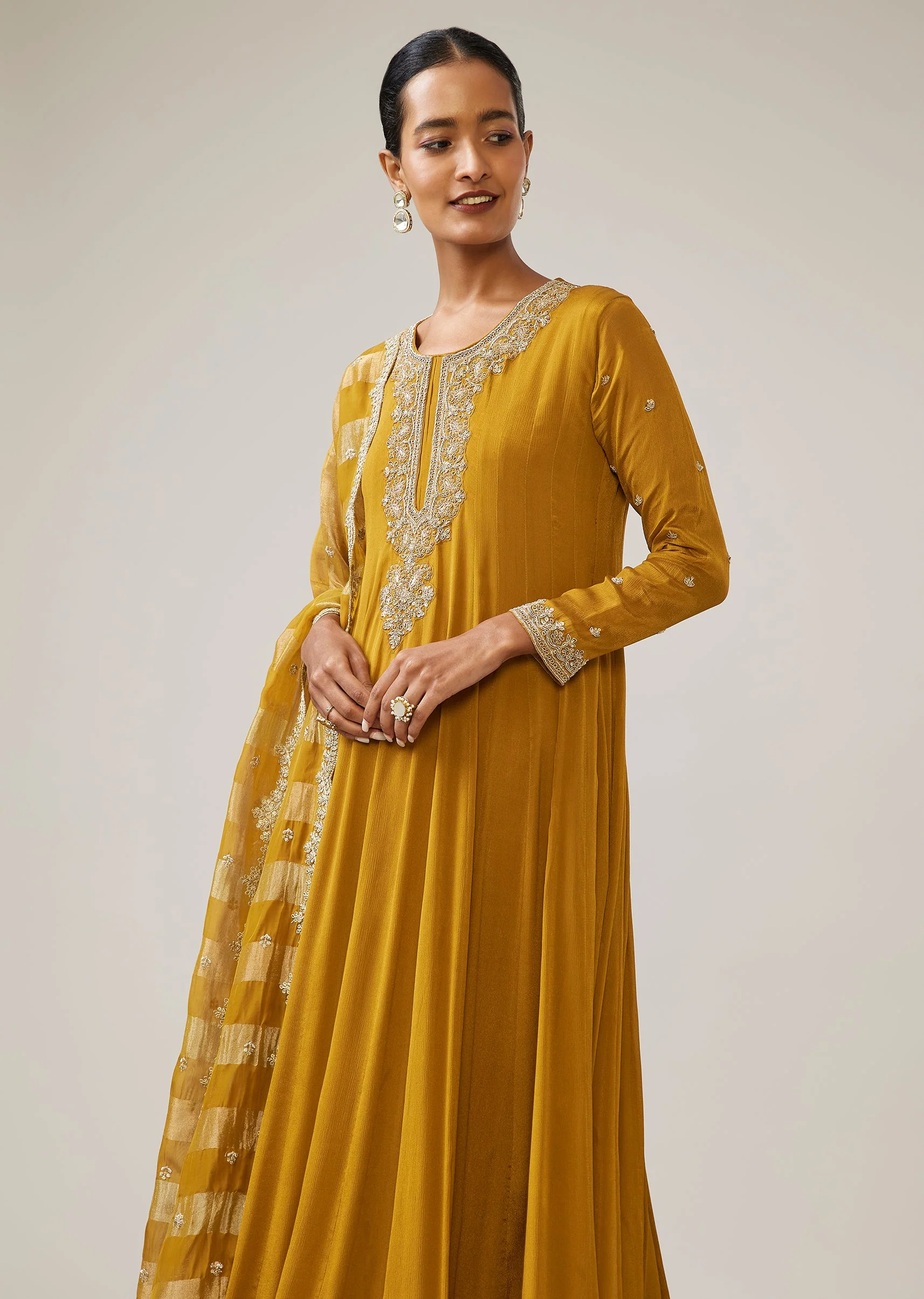 Mustard Yellow Zardozi Chinon Anarkali