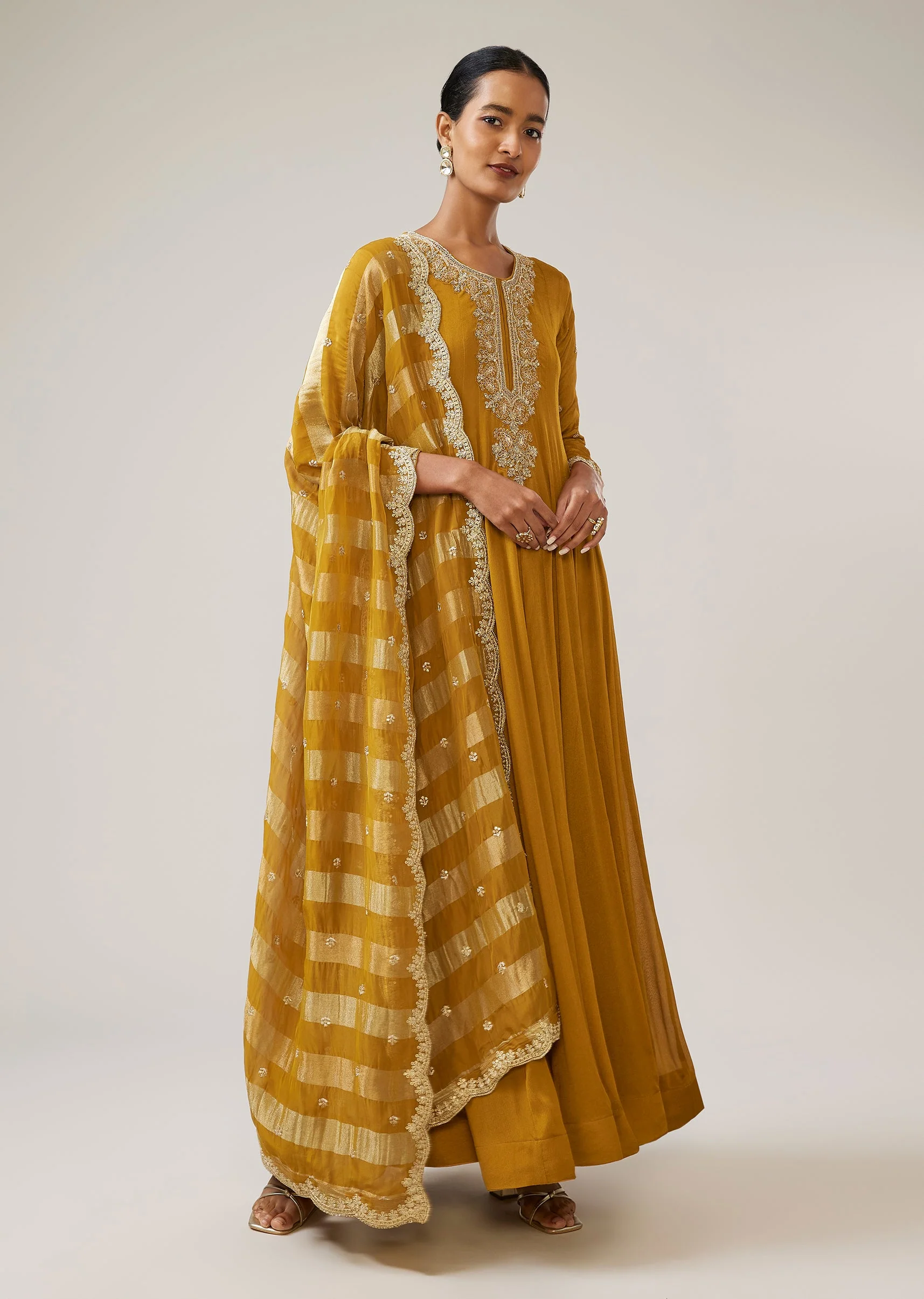 Mustard Yellow Zardozi Chinon Anarkali