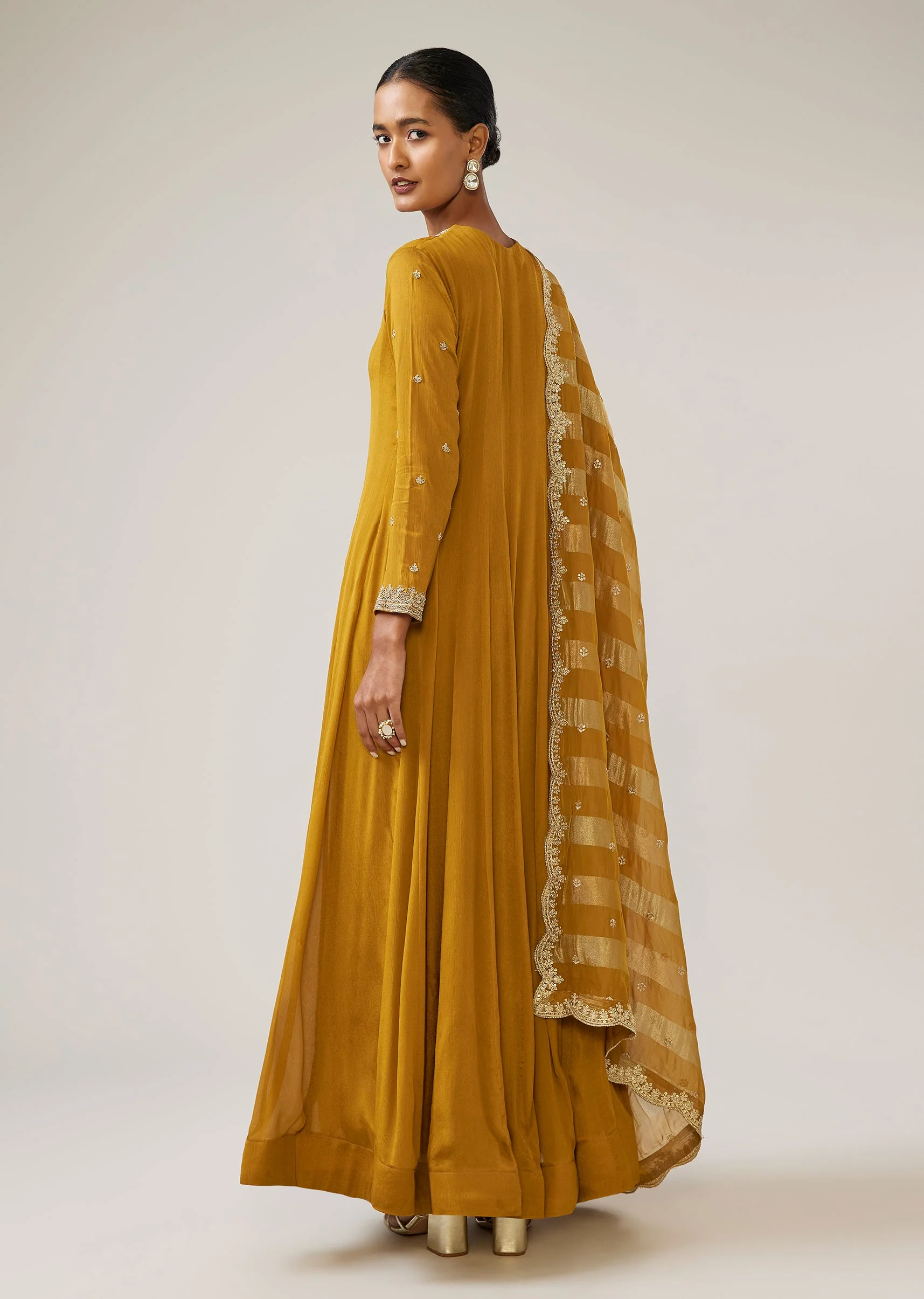 Mustard Yellow Zardozi Chinon Anarkali