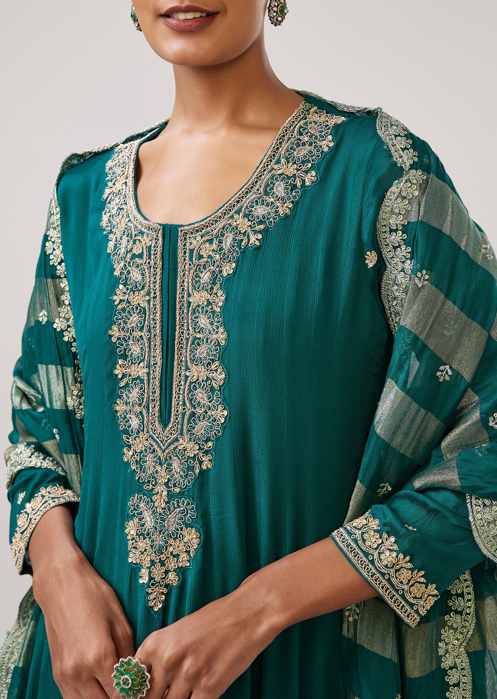 Green Zardozi Chinon Anarkali Suit With Dupatta