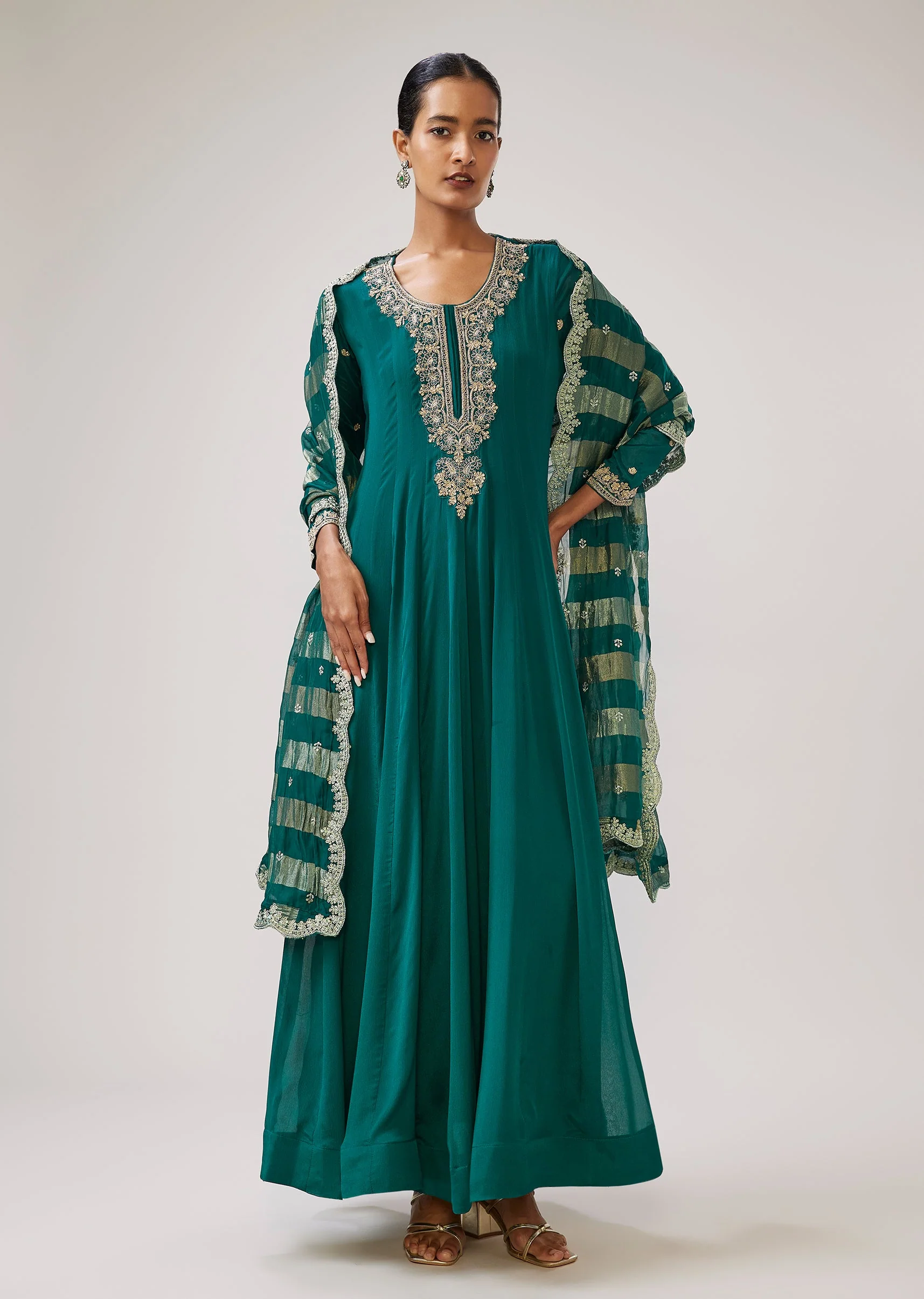 Green Zardozi Chinon Anarkali Suit With Dupatta
