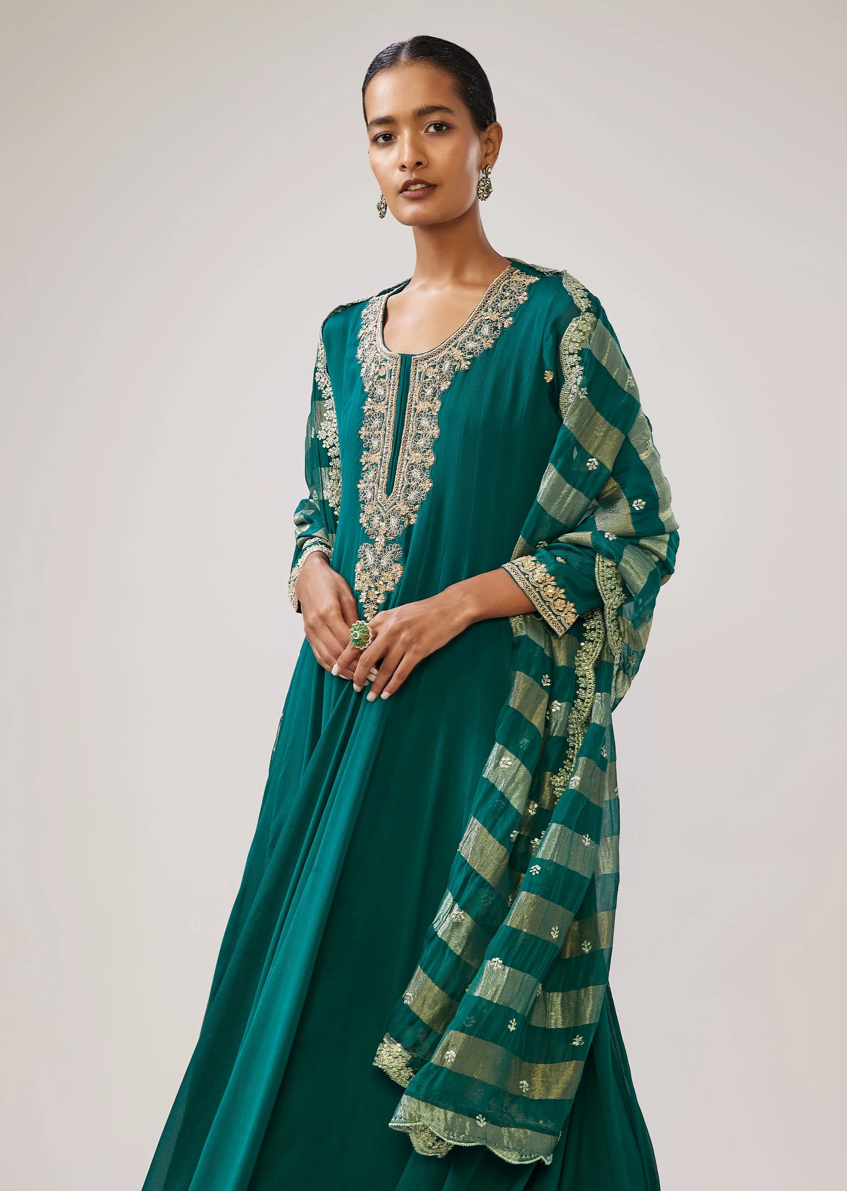 Green Zardozi Chinon Anarkali Suit With Dupatta
