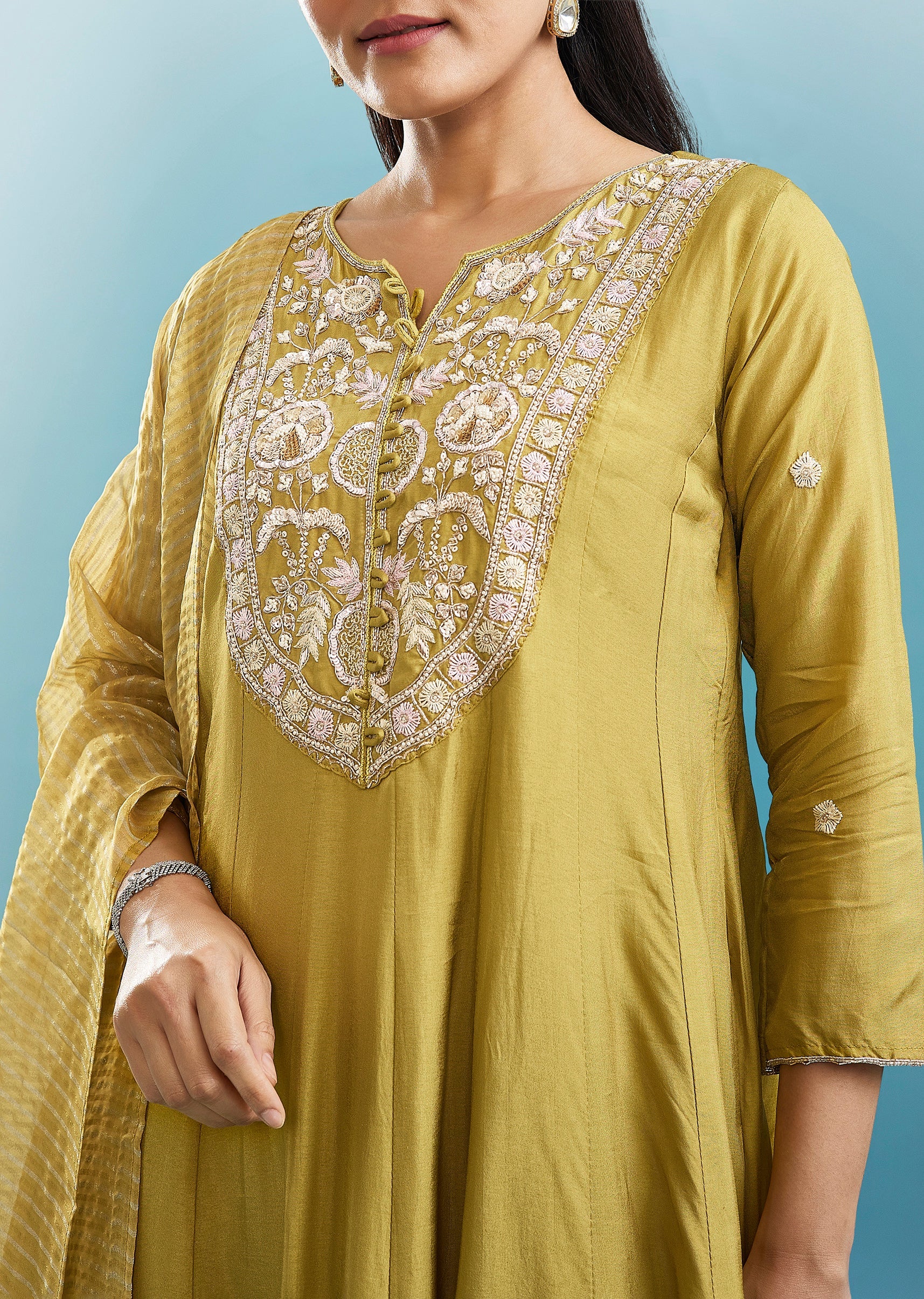 Green Anarkali Set With Sequins And Resham Work
