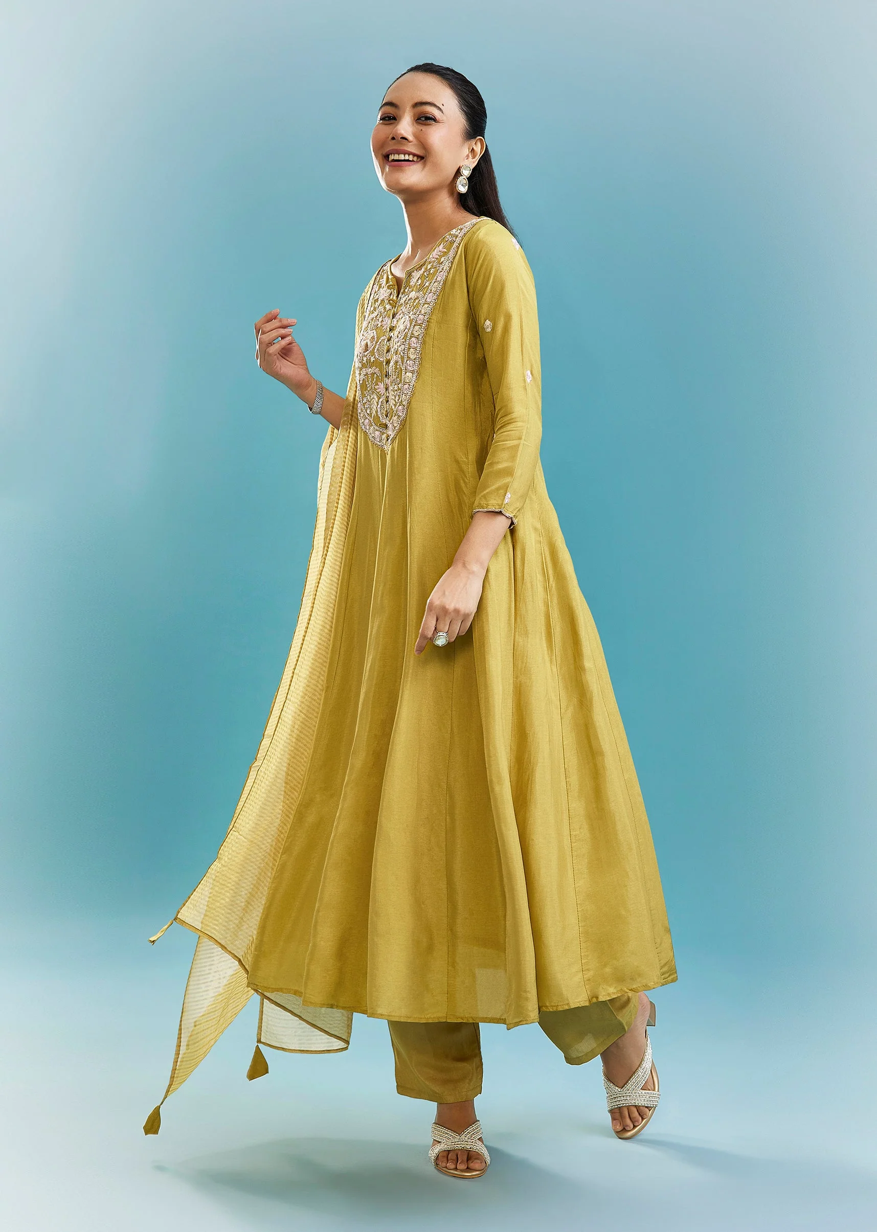 Green Anarkali Set With Sequins And Resham Work