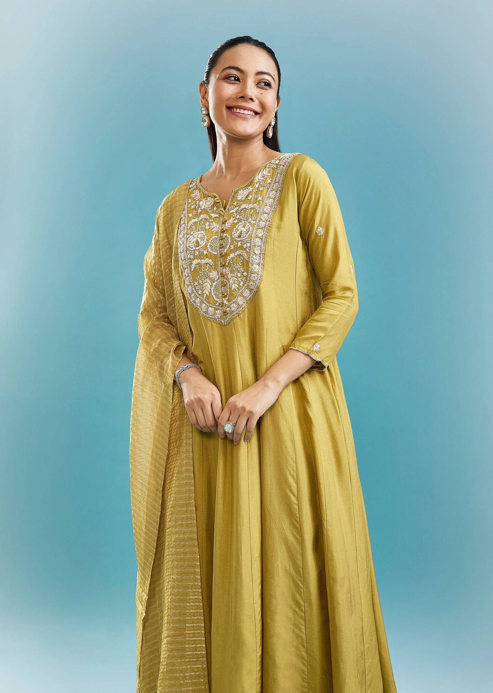 Green Anarkali Set With Sequins And Resham Work