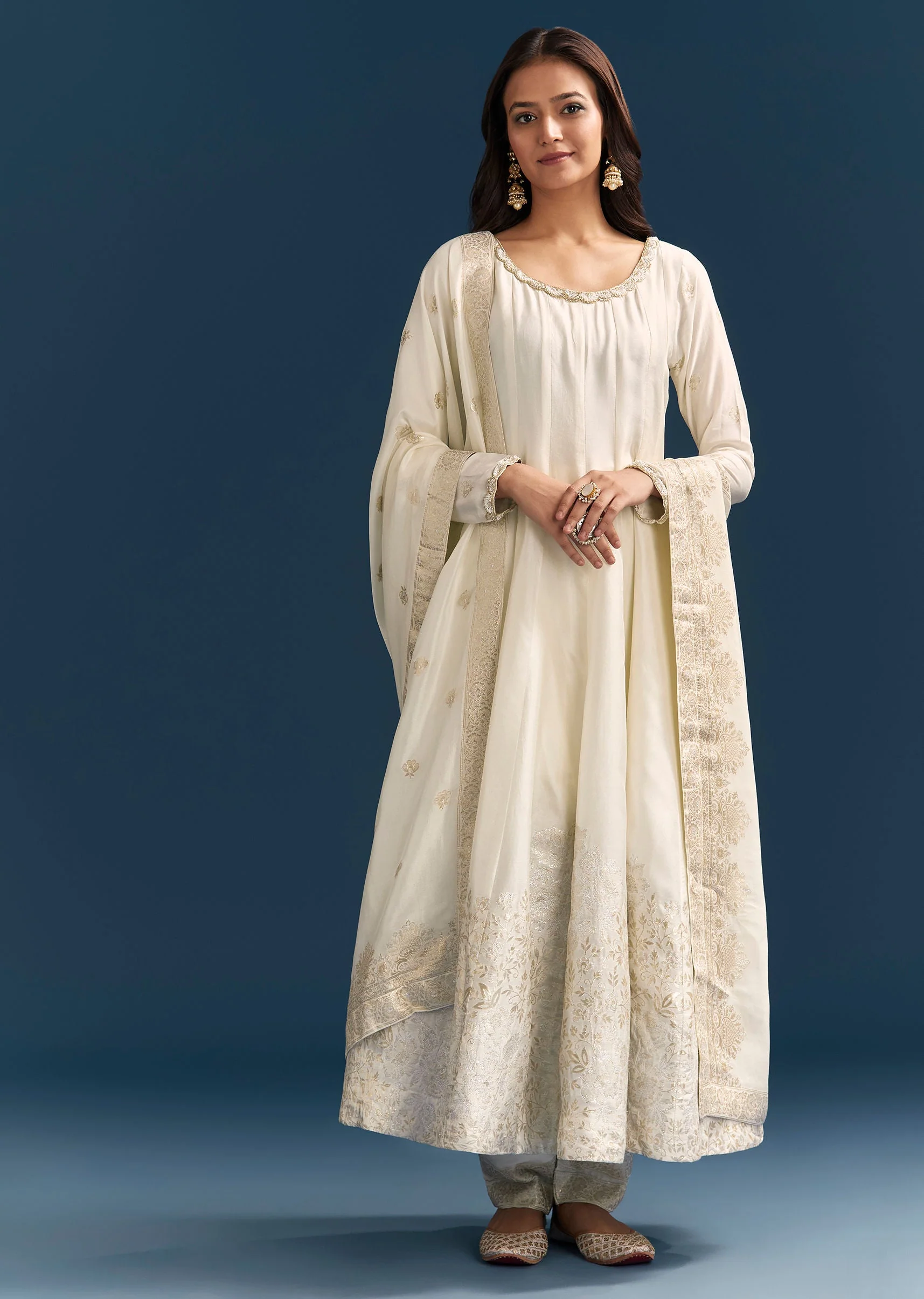 17965-white-jacquard-anarkali-suit-with-organza-dupatta-1.webp White Jacquard Anarkali Suit With Organza Dupatta