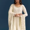 White Jacquard Anarkali Suit With Organza Dupatta