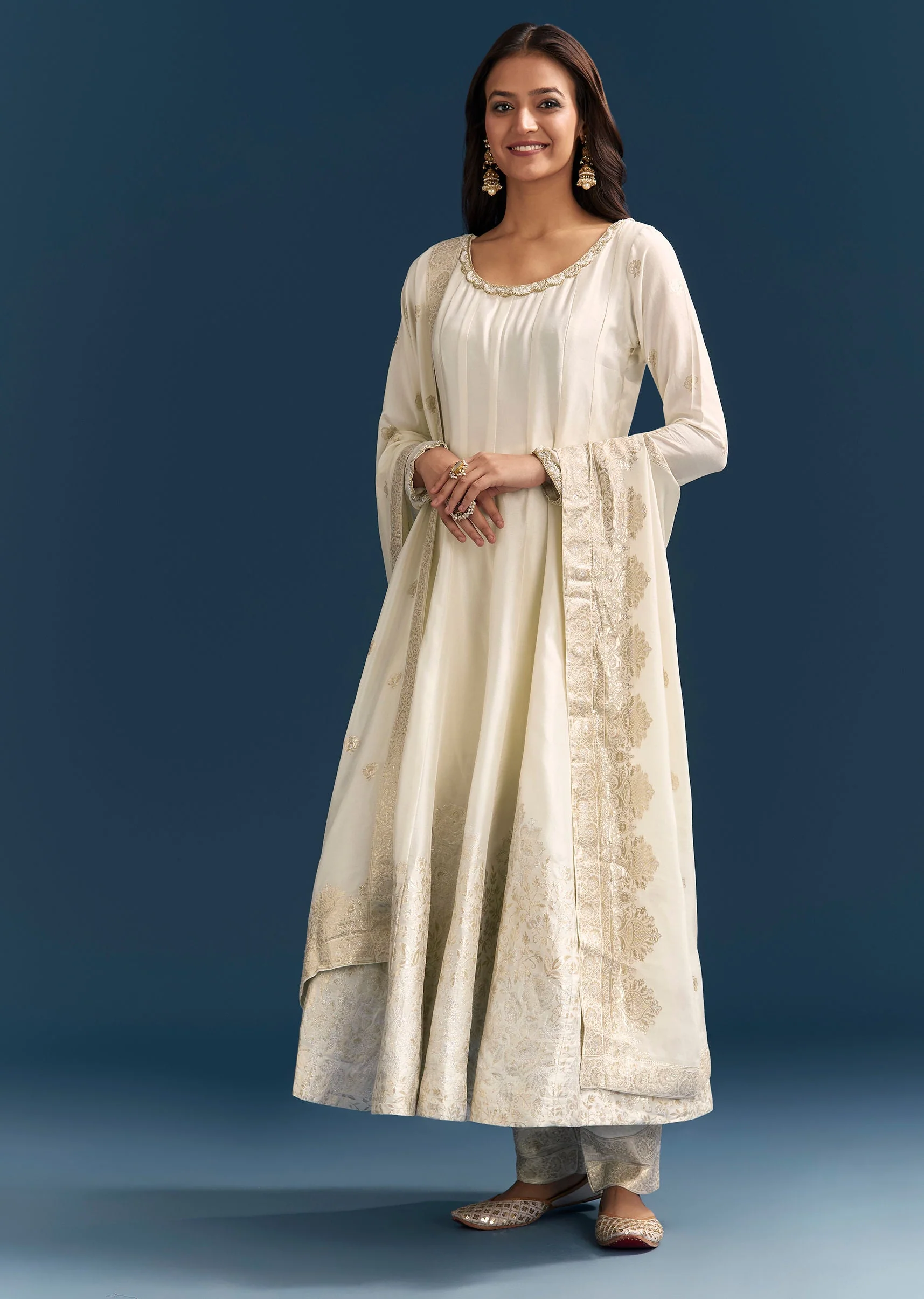 White Jacquard Anarkali Suit With Organza Dupatta