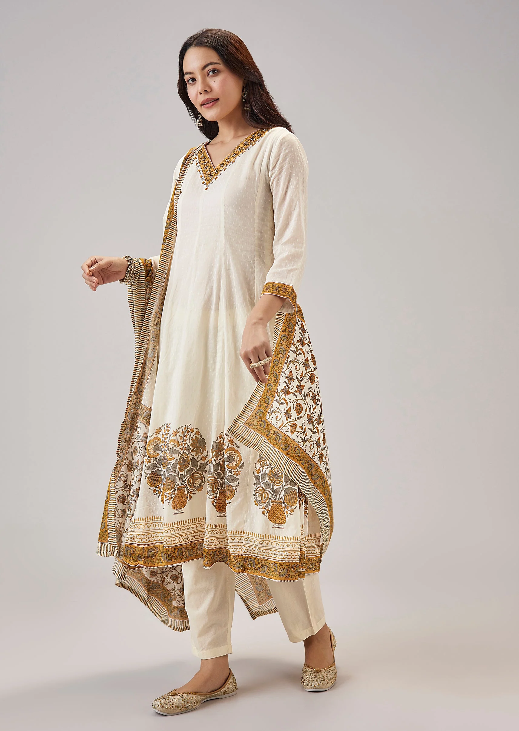 Yellow Printed Anarkali With Cut Dana Work