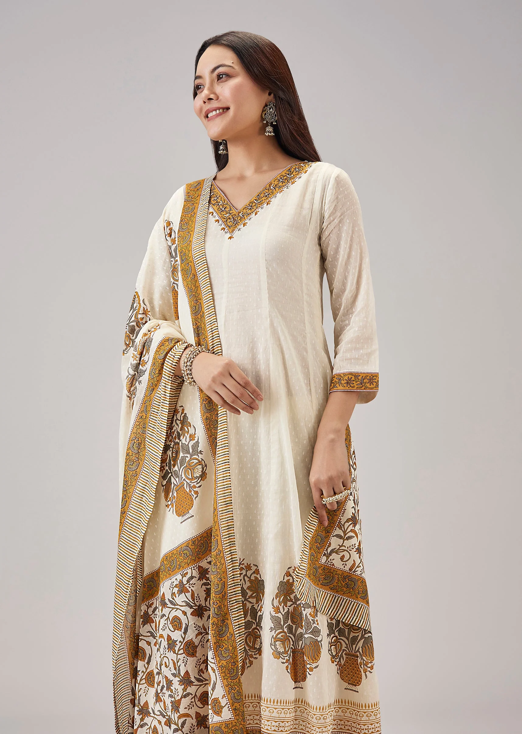 Yellow Printed Anarkali With Cut Dana Work