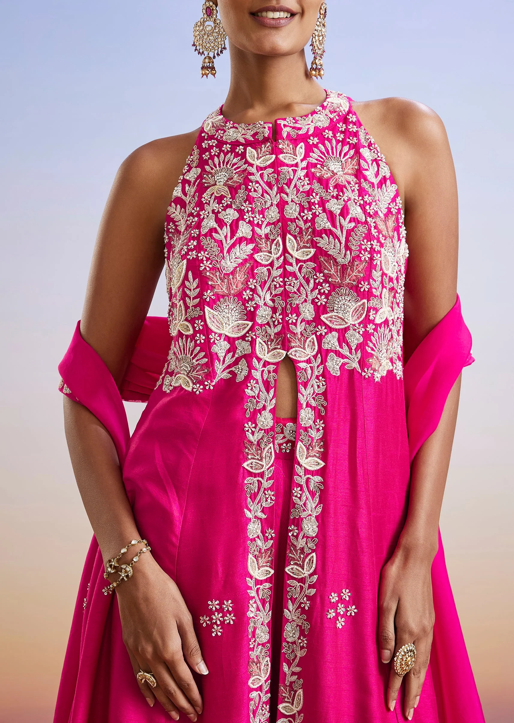 Pink Embroidered Front Slit Anarkali Suit With Dupatta