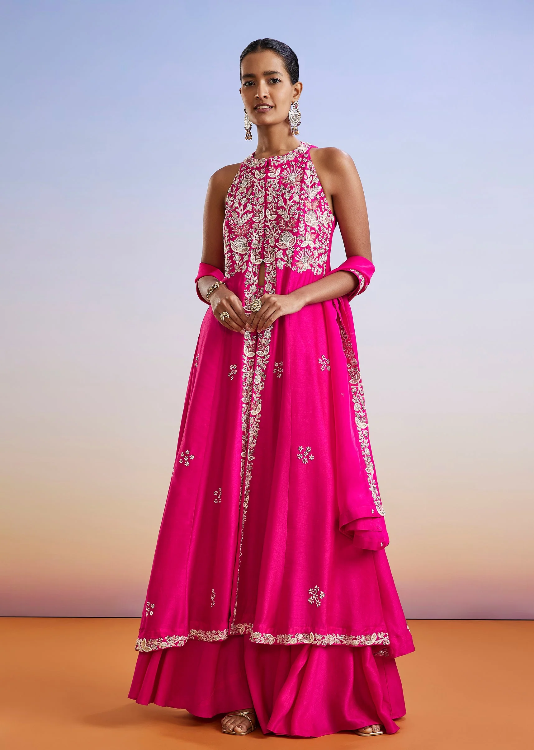 Pink Embroidered Front Slit Anarkali Suit With Dupatta