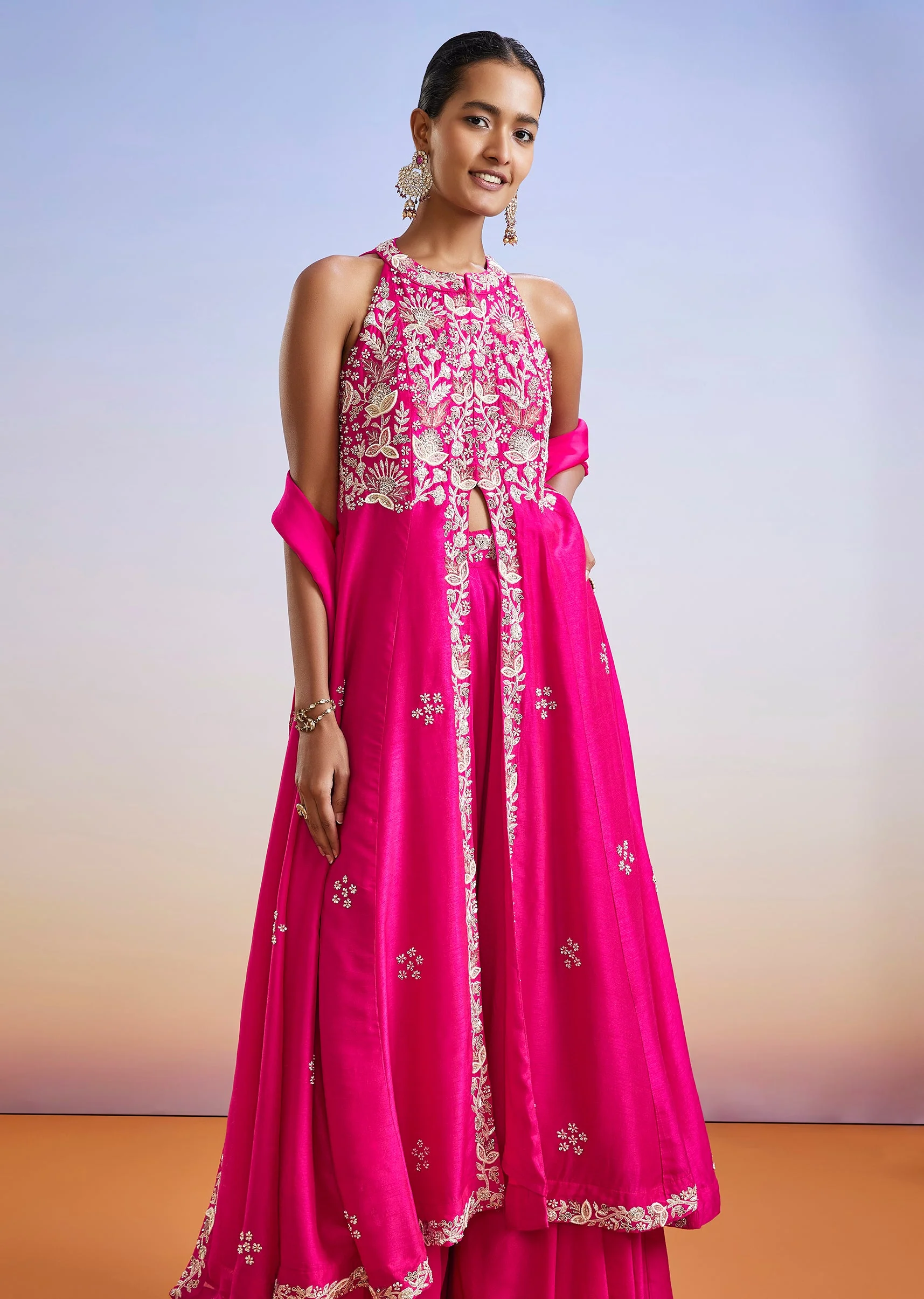 Pink Embroidered Front Slit Anarkali Suit With Dupatta