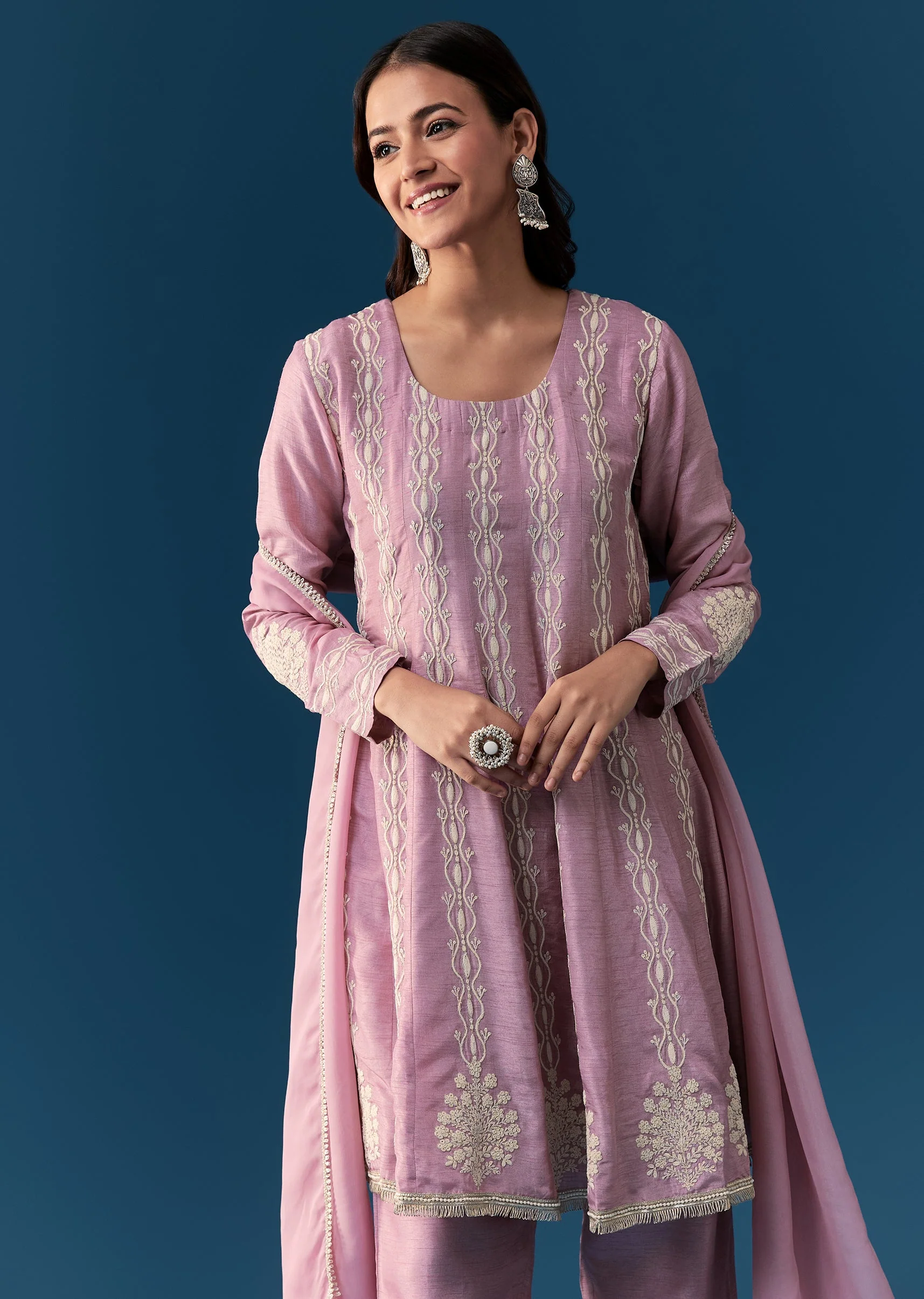 Lavender Pastel Pakistani Style Anarkali Suit With Thread Work