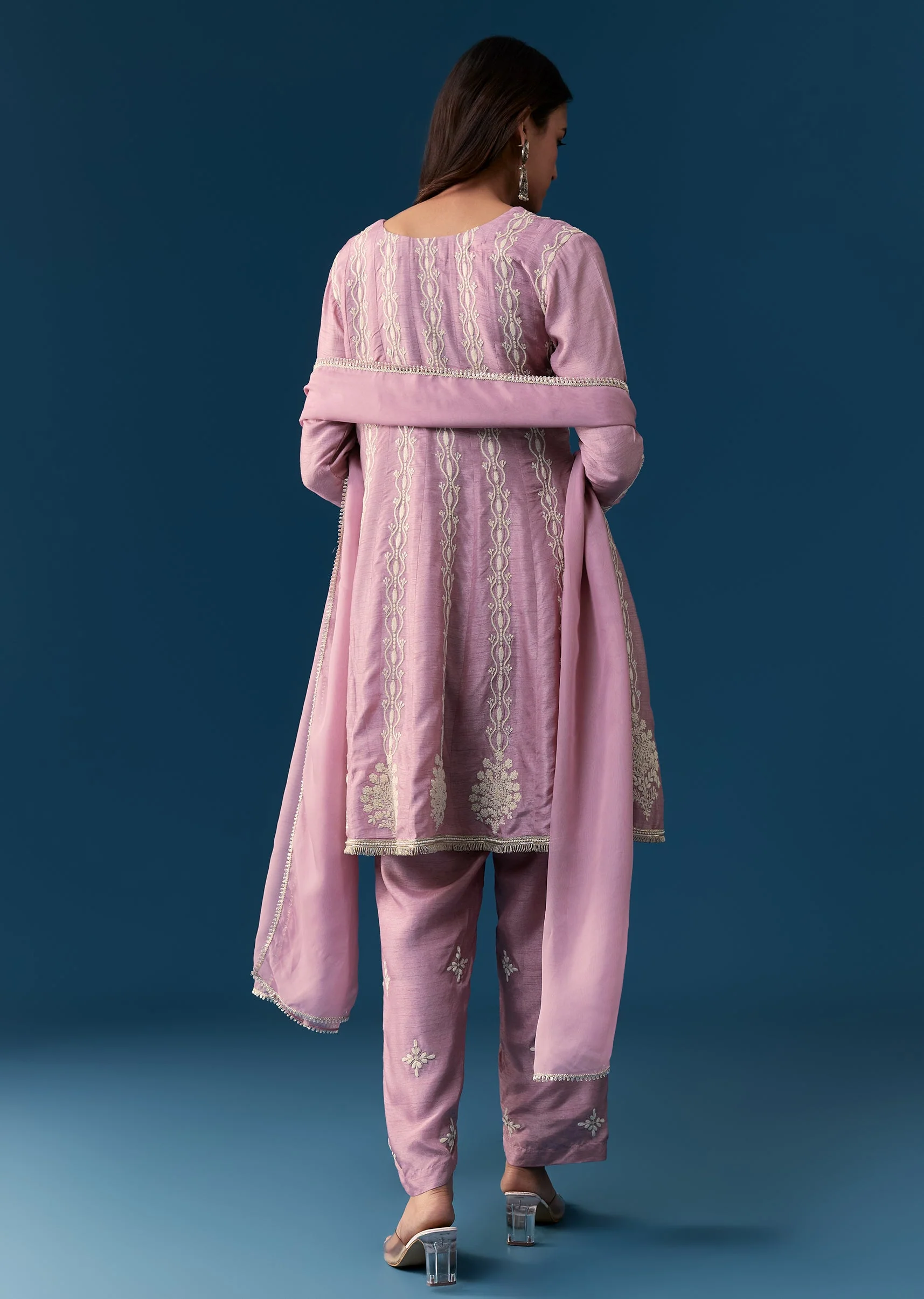 Lavender Pastel Pakistani Style Anarkali Suit With Thread Work