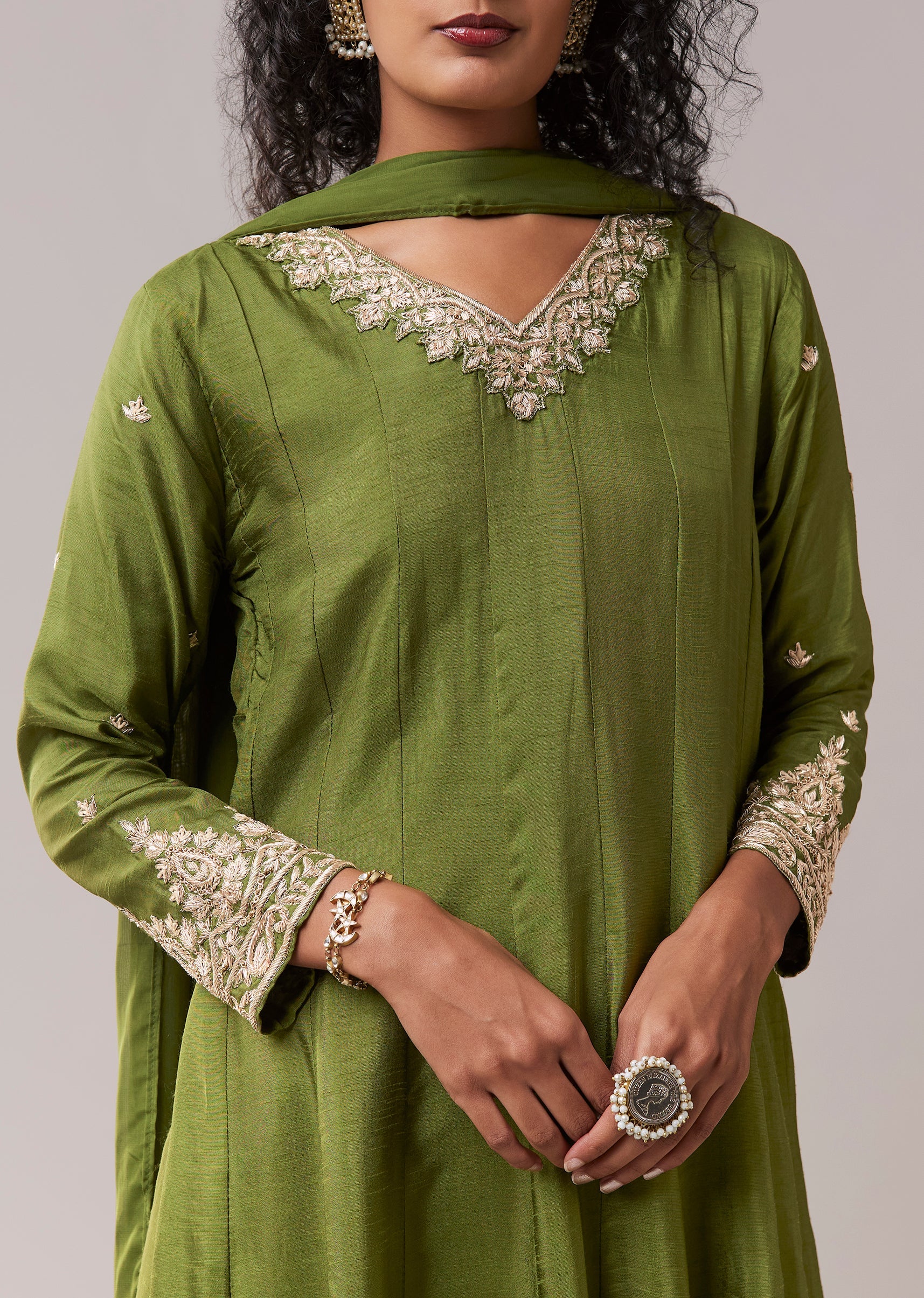 Green Dola Silk Zardozi Embellished Anarkali Pant Set