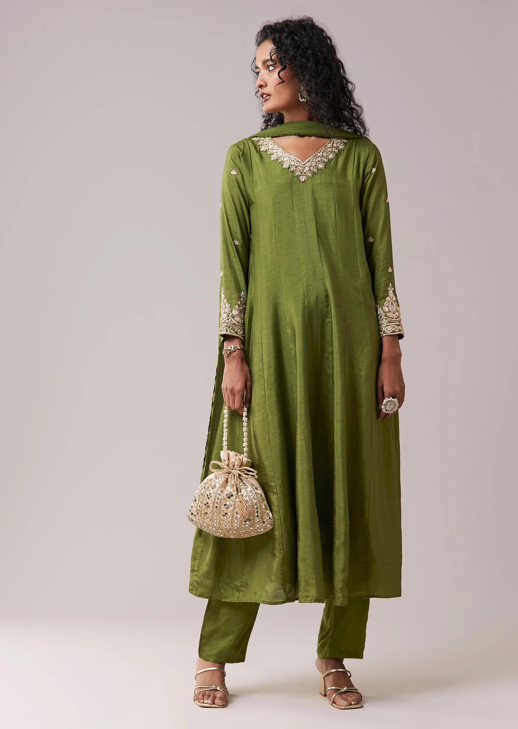 Green Dola Silk Zardozi Embellished Anarkali Pant Set
