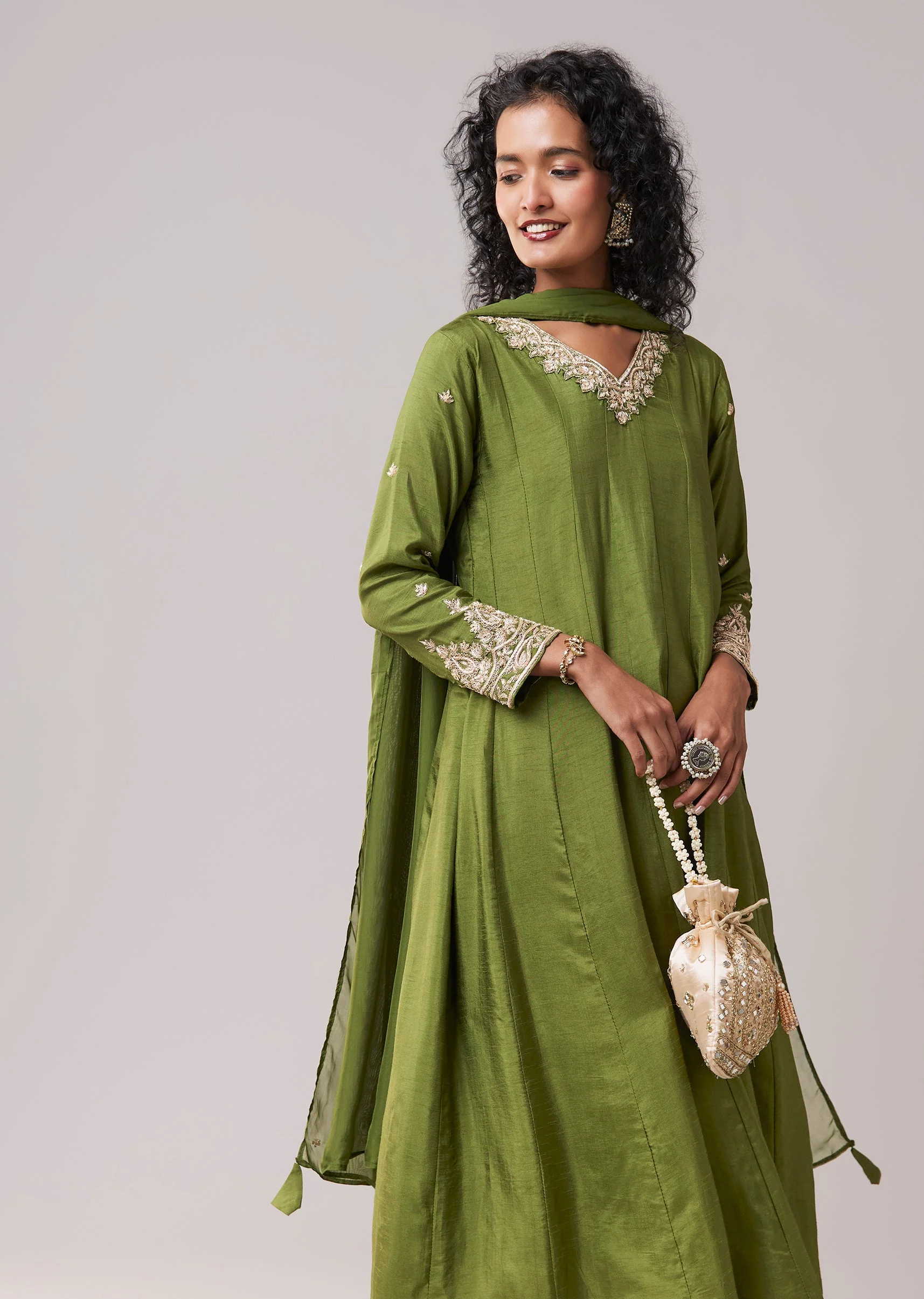 Green Dola Silk Zardozi Embellished Anarkali Pant Set