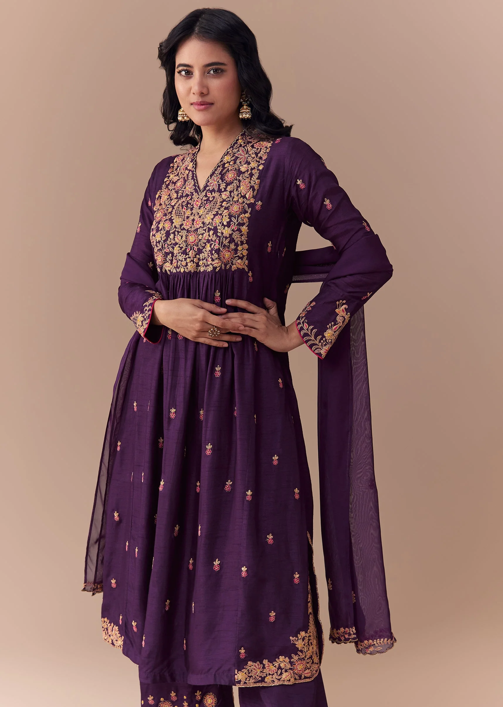 Purple Zari Embellished Anarkali Set