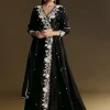 Black Chanderi Anarkali Suit With Moti And Sequins Work