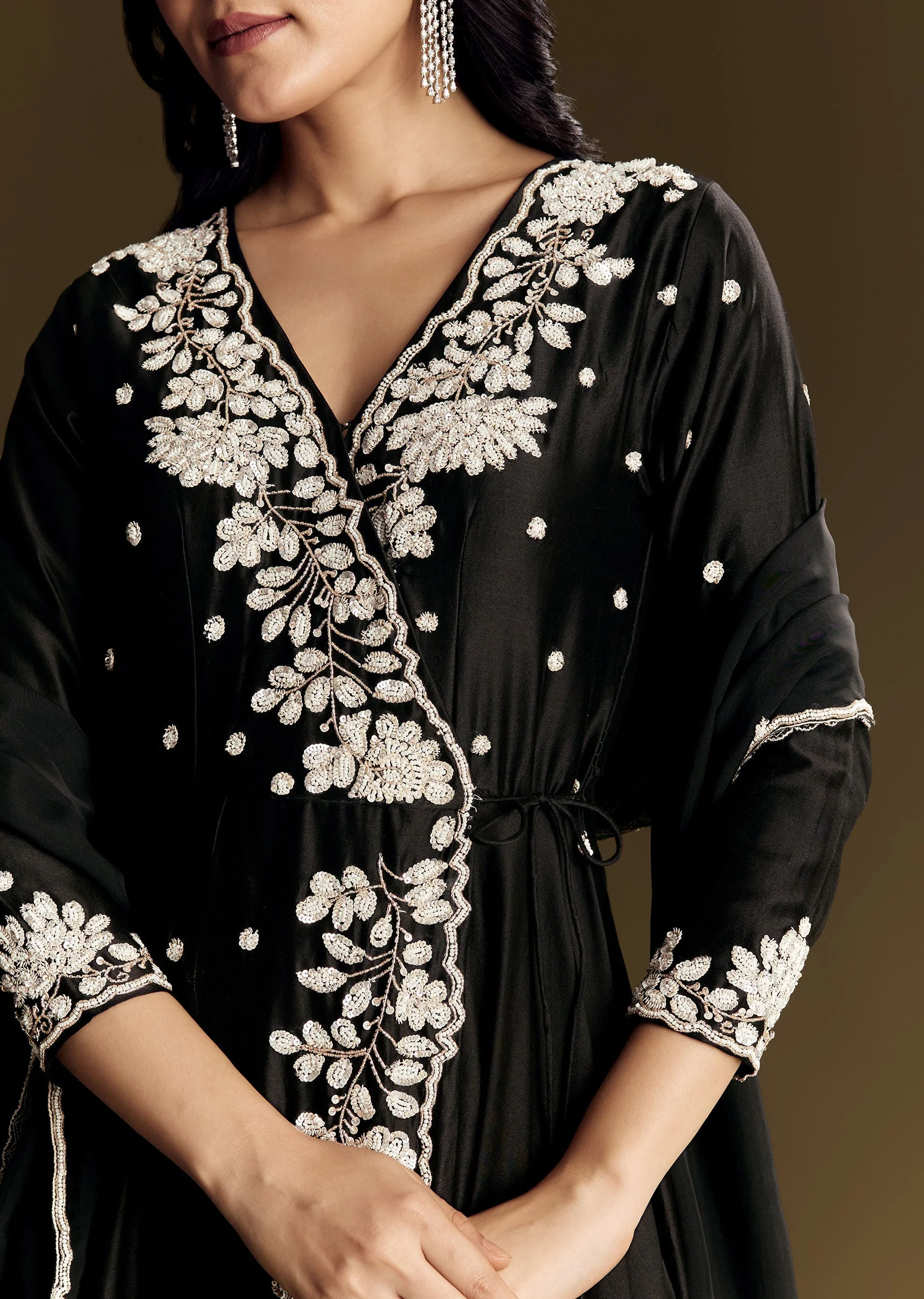 Black Chanderi Anarkali Suit With Moti And Sequins Work