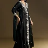 Black Chanderi Anarkali Suit With Moti And Sequins Work
