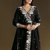 Black Chanderi Anarkali Suit With Moti And Sequins Work