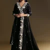 Black Chanderi Anarkali Suit With Moti And Sequins Work