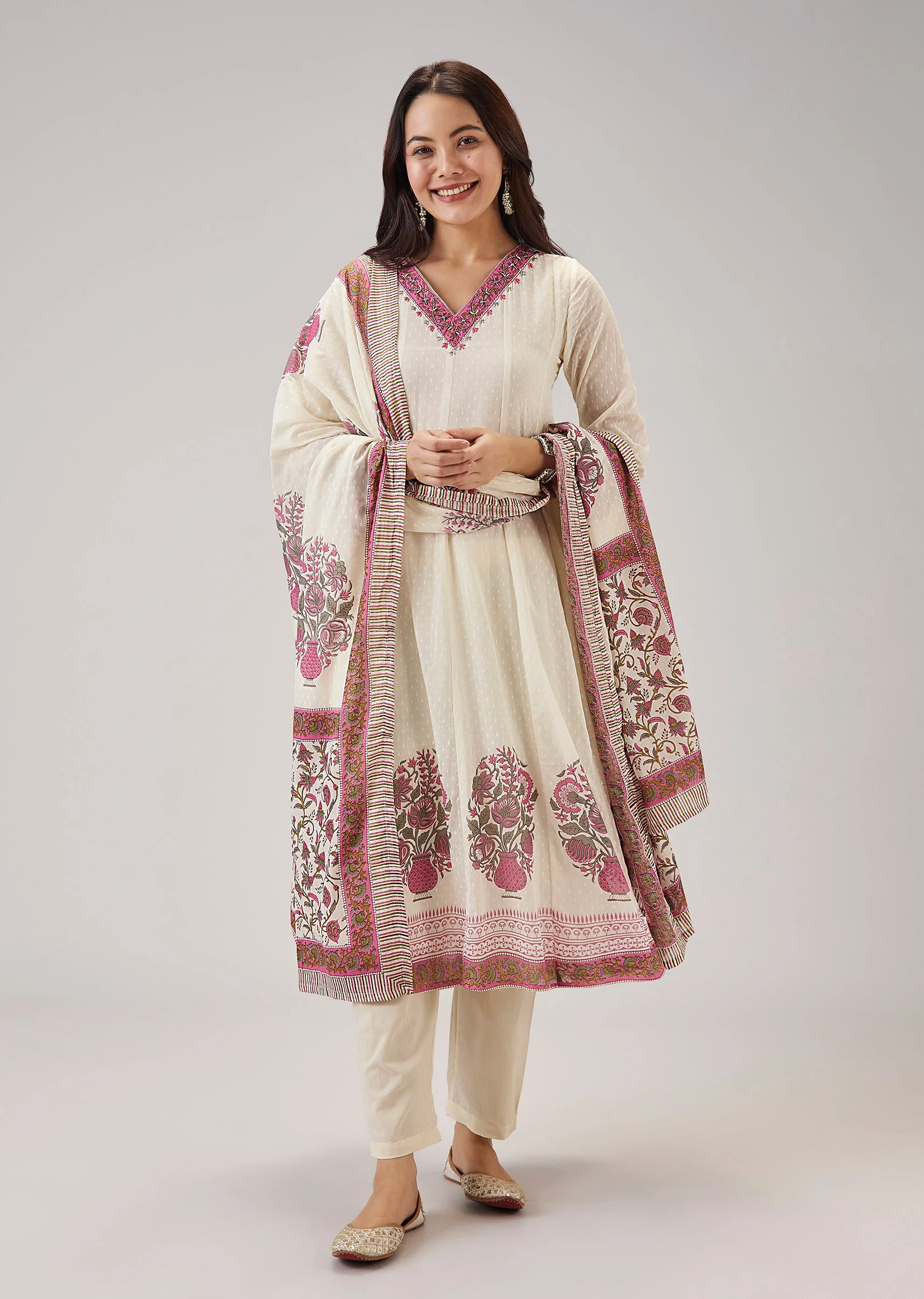 Pink Printed Anarkali With Cut Dana Work