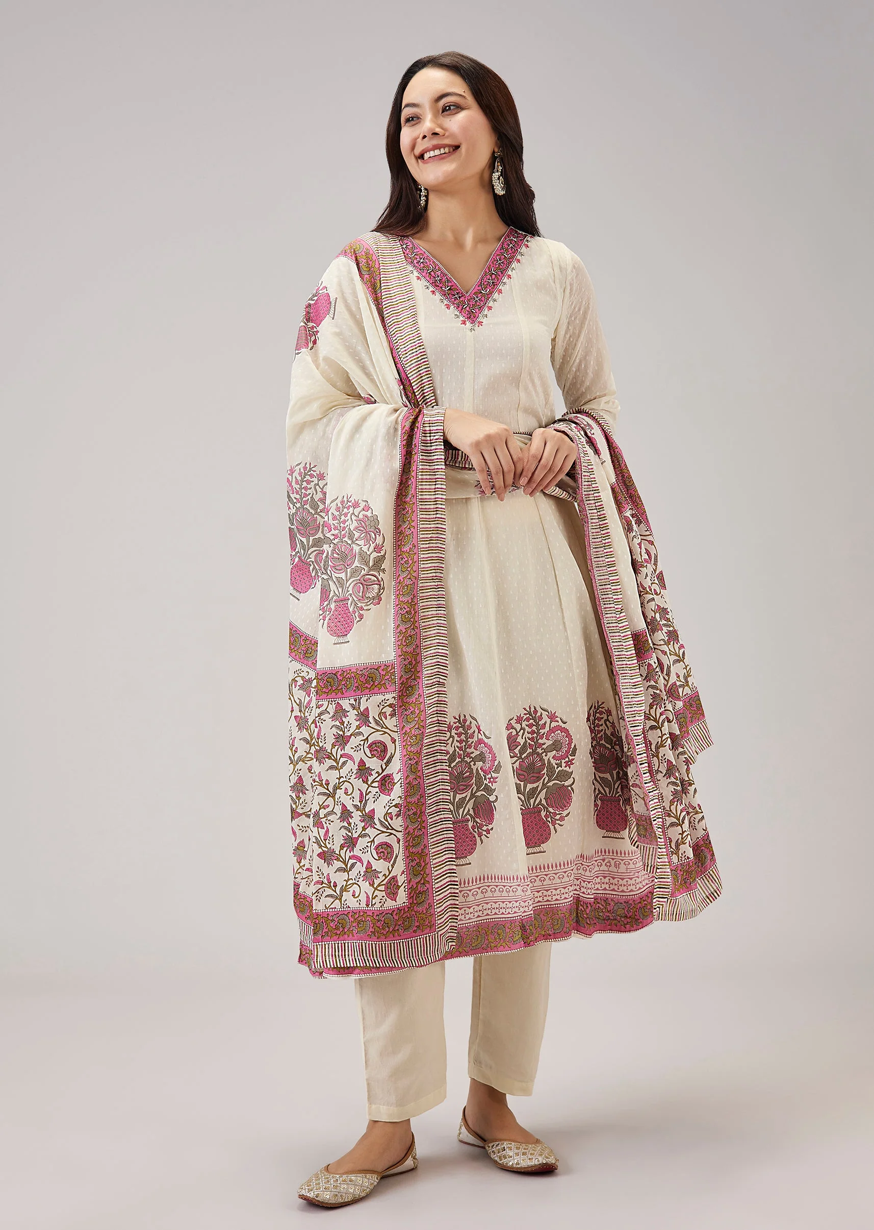 Pink Printed Anarkali With Cut Dana Work