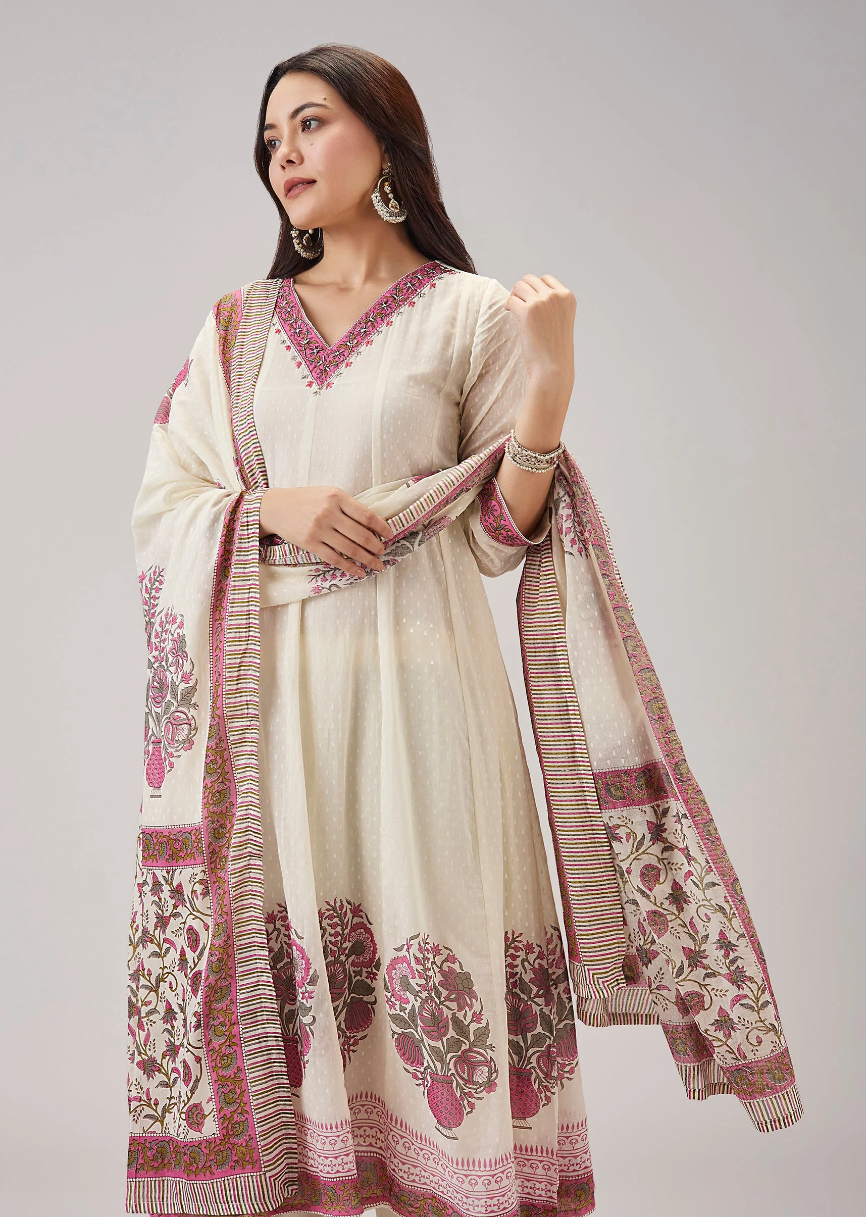 Pink Printed Anarkali With Cut Dana Work