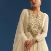 Ivory Tissue Anarkali Set With Tie-Up Back And Organza Dupatta