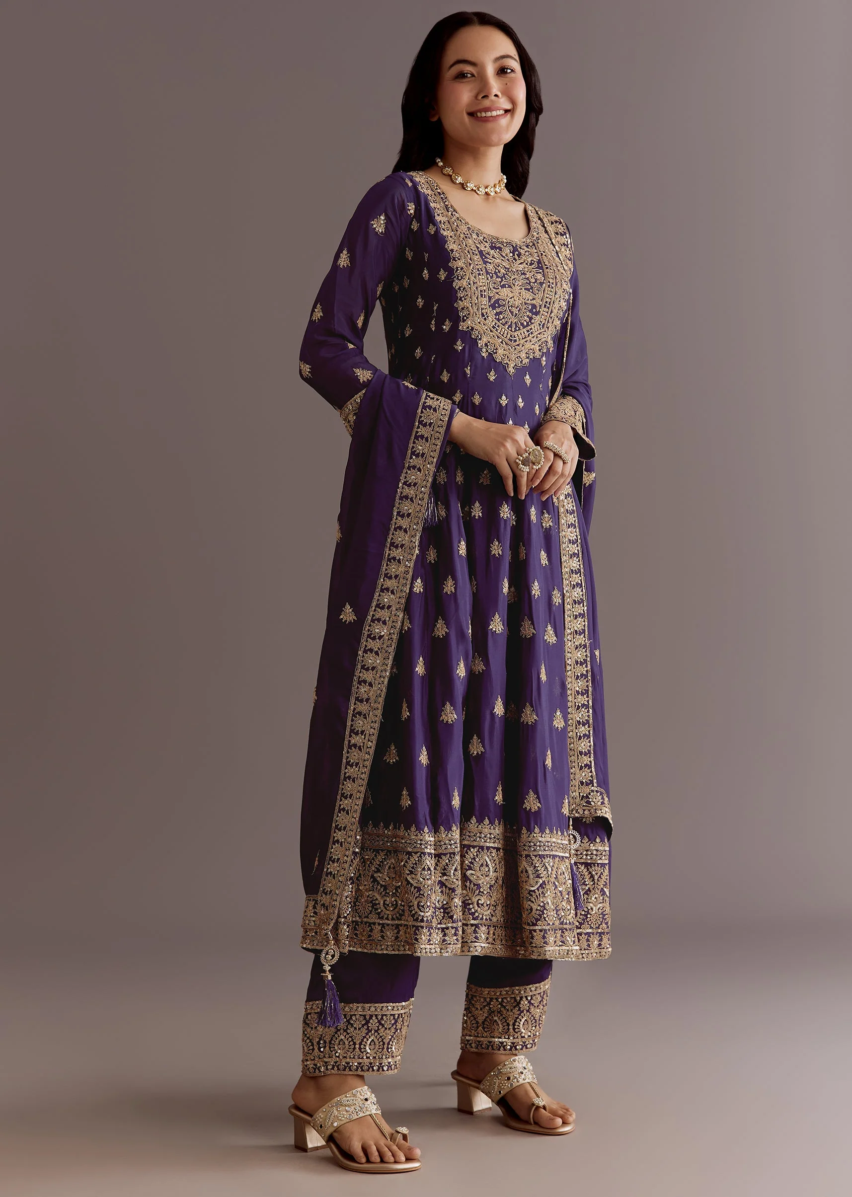Purple Chinon Anarkali Dupatta Suit With Sequin Work