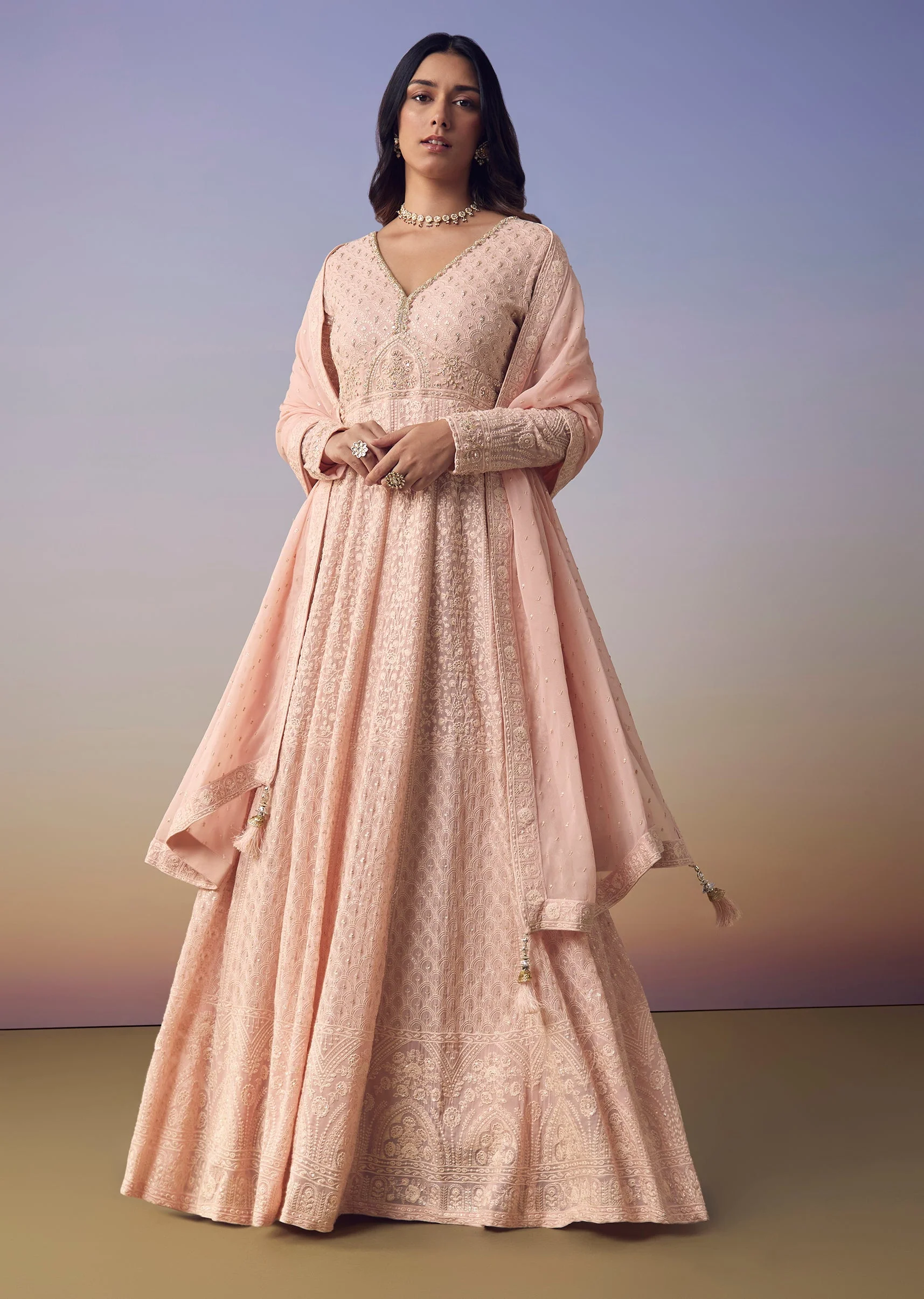 Pink Georgette Lucknowi Anarkali with Dupatta